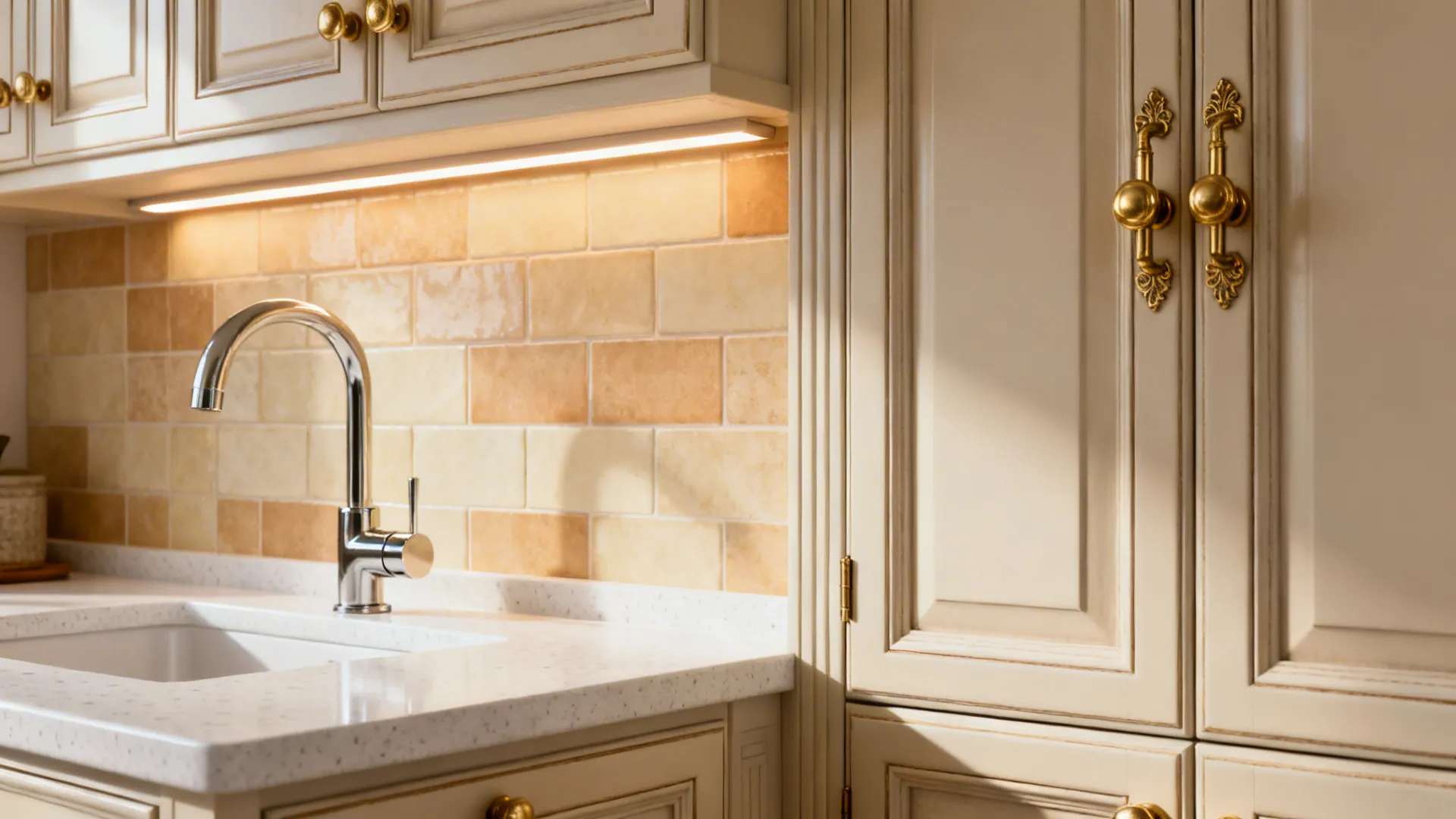 Close-up of statement faucet, cabinet hardware and under-cabinet lighting in a small kitchen