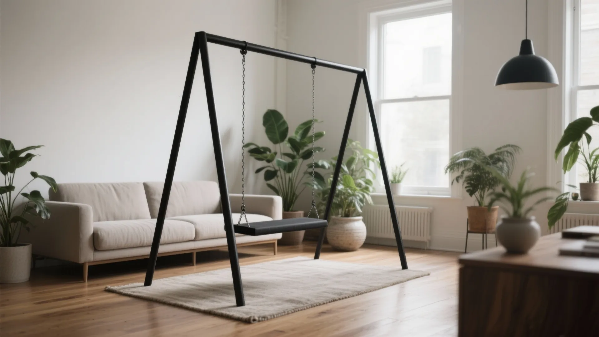 Modern living room featuring a black indoor swing beige sofa green plants and warm wooden floor