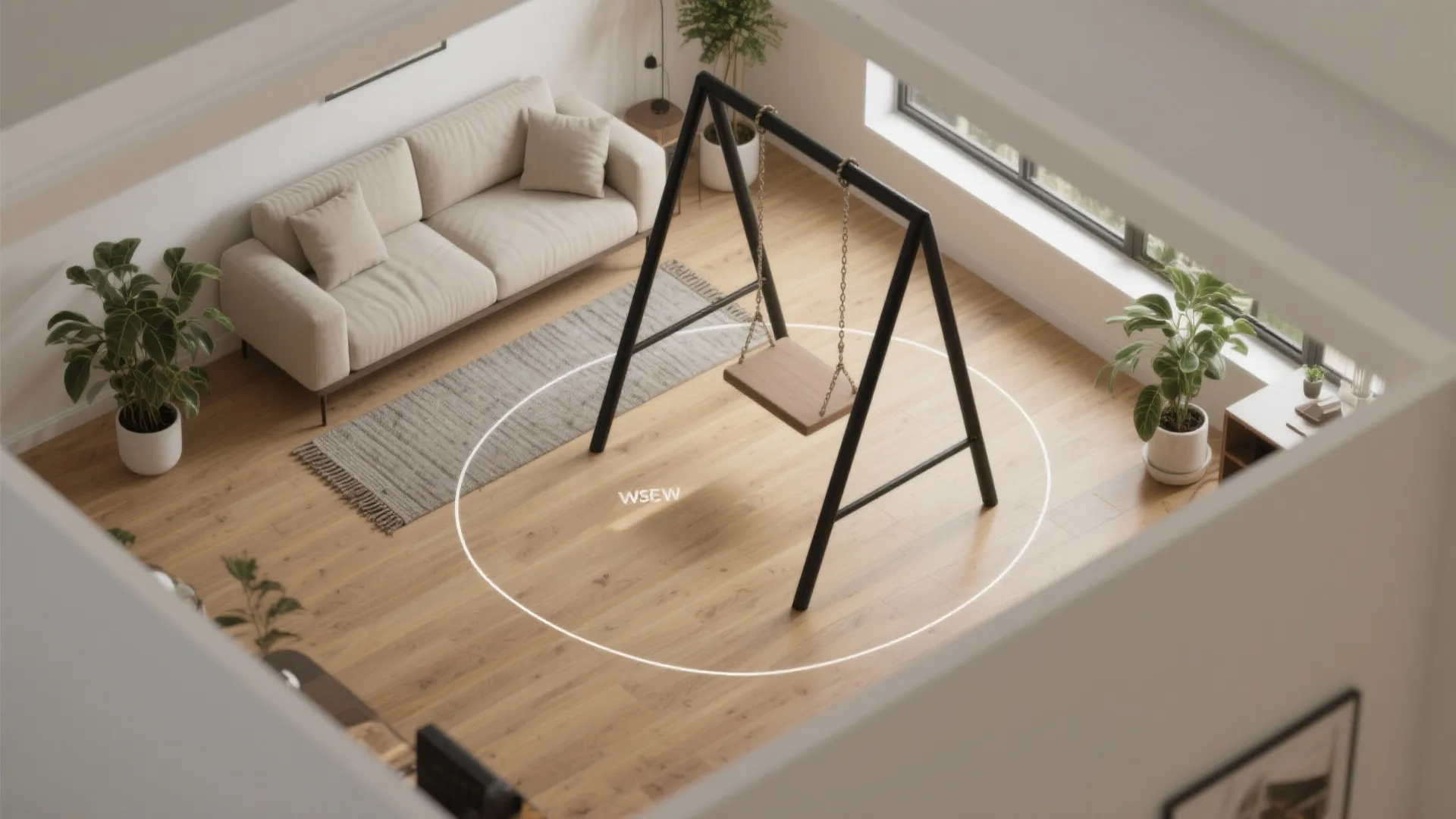 Modern living room interior design drawing with cream sofa wooden floor black indoor swing and plants