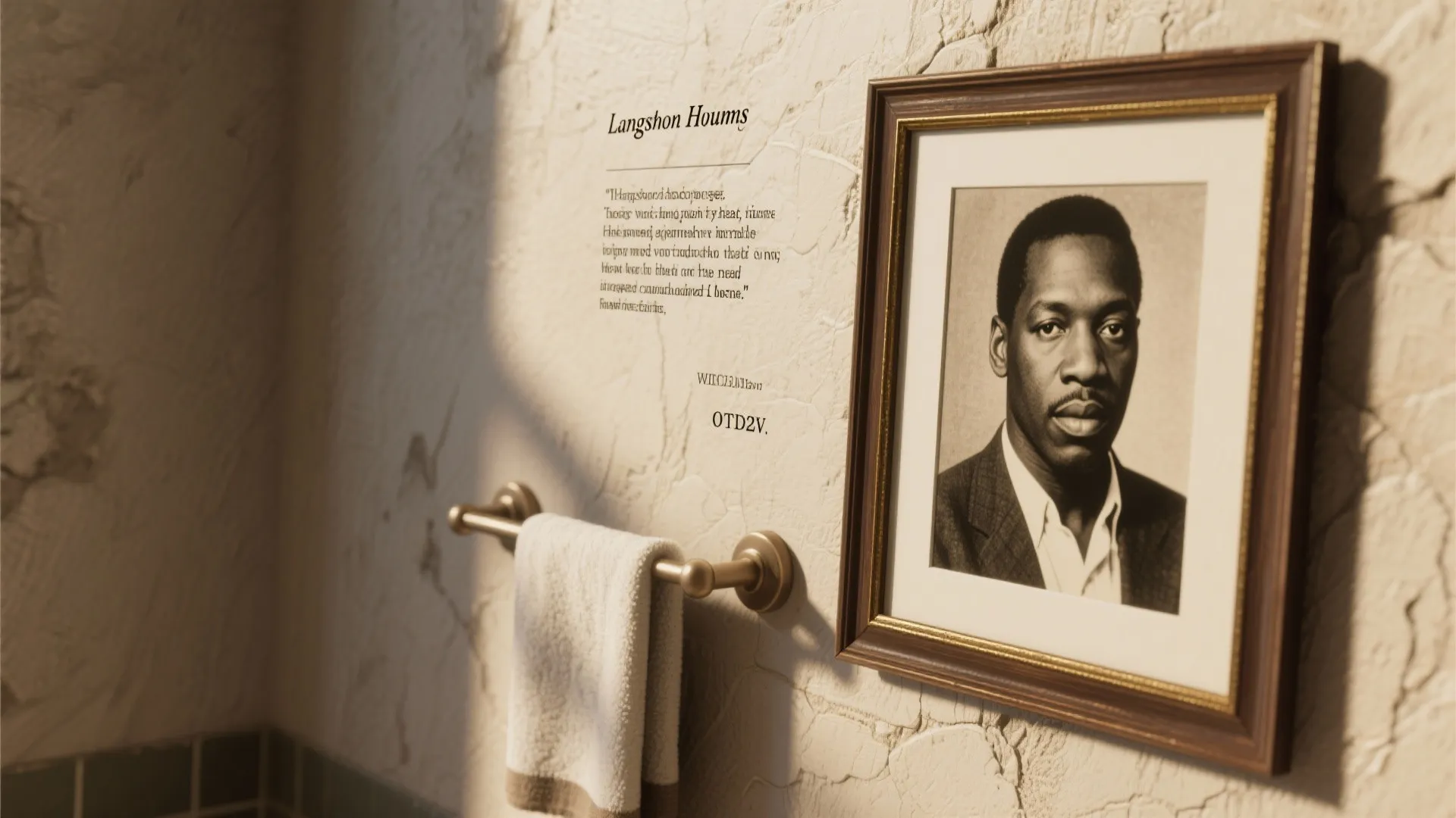 Black and white portrait in wooden frame hanging on textured wall beside brass towel rack bar