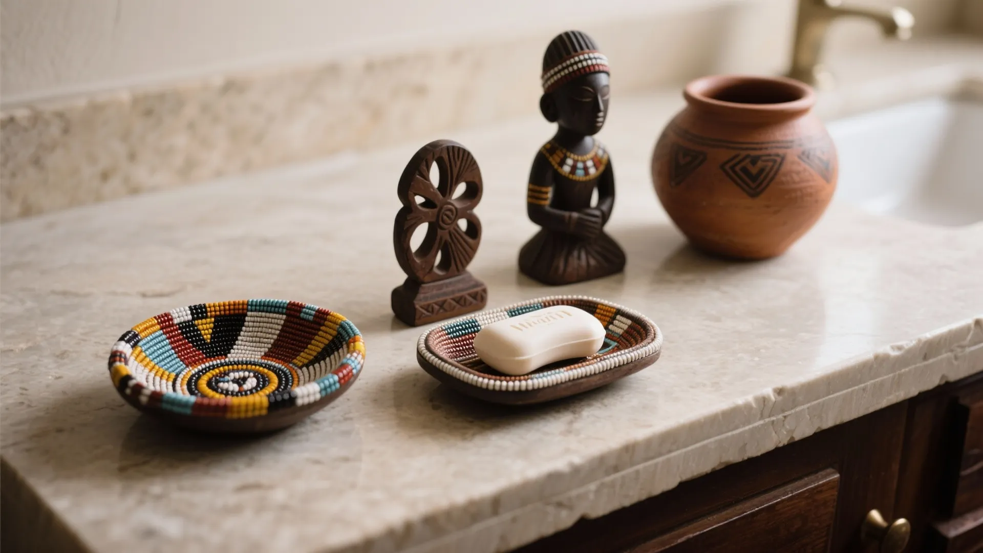 Bathroom counter with colorful beaded bowl soap dish wooden statues and a clay pot decoration