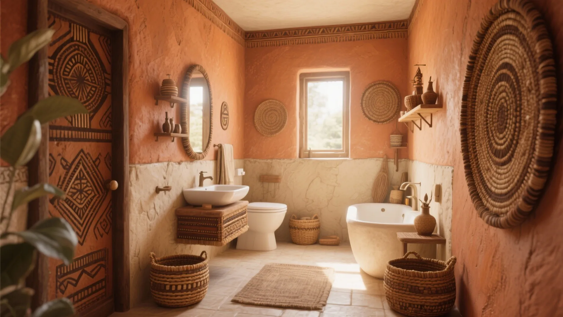 African style bathroom with orange walls white bathtub woven baskets round mirror and natural light