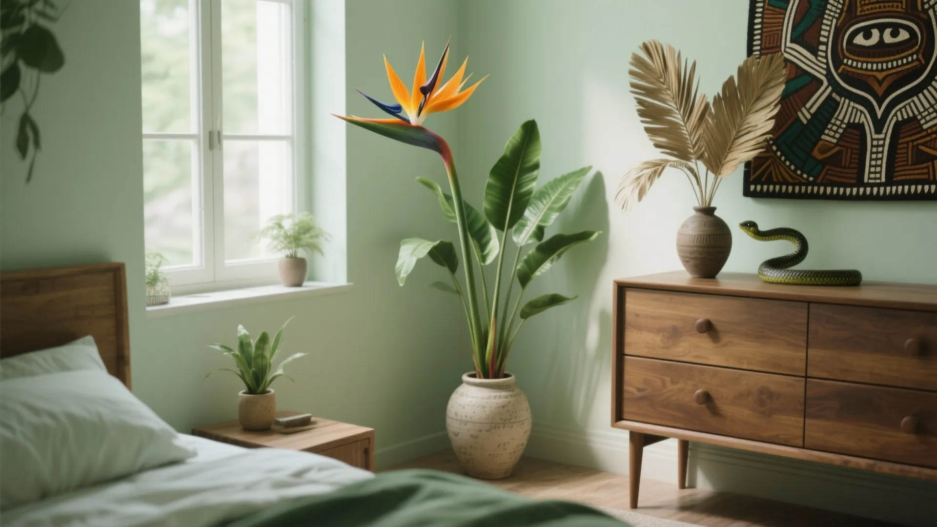 Small bedroom with African-inspired greenery and natural decor