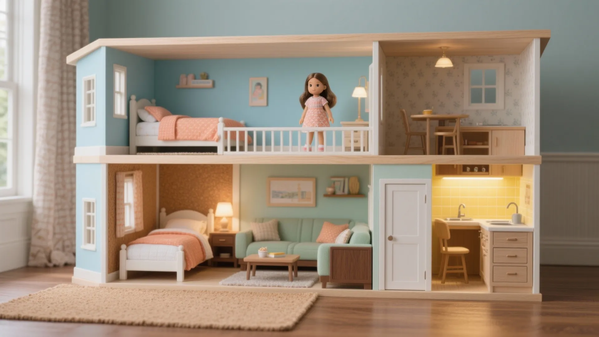 Two story dollhouse with bedroom living room kitchen and small doll standing on the balcony