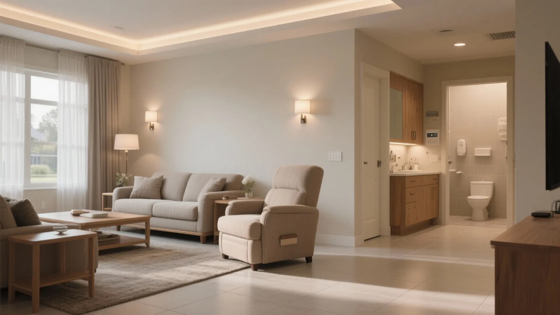 Age-friendly flooring and layered lighting