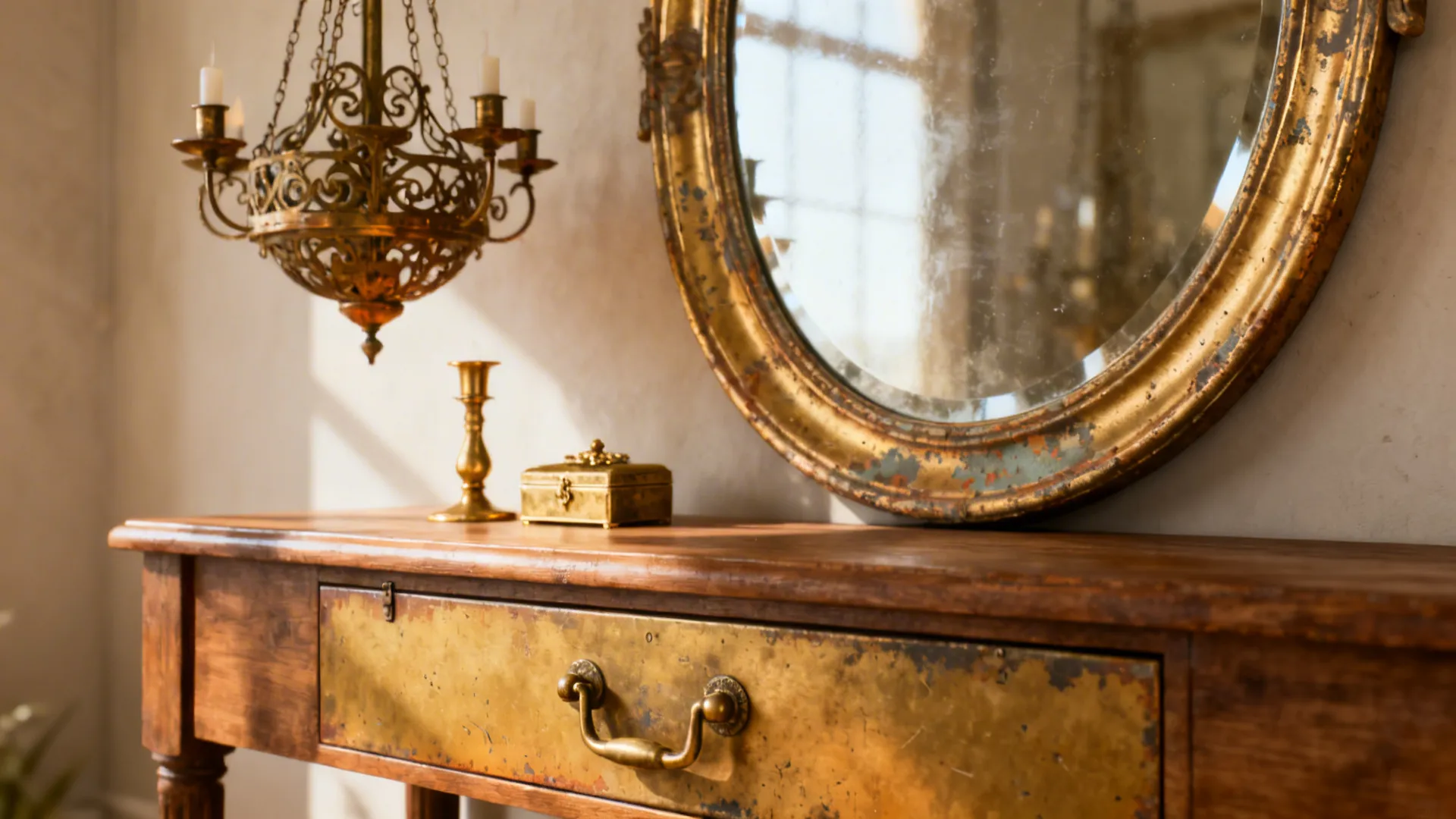 Aged brass chandelier and gold-rim mirror adding warmth and sparkle to a grey scheme