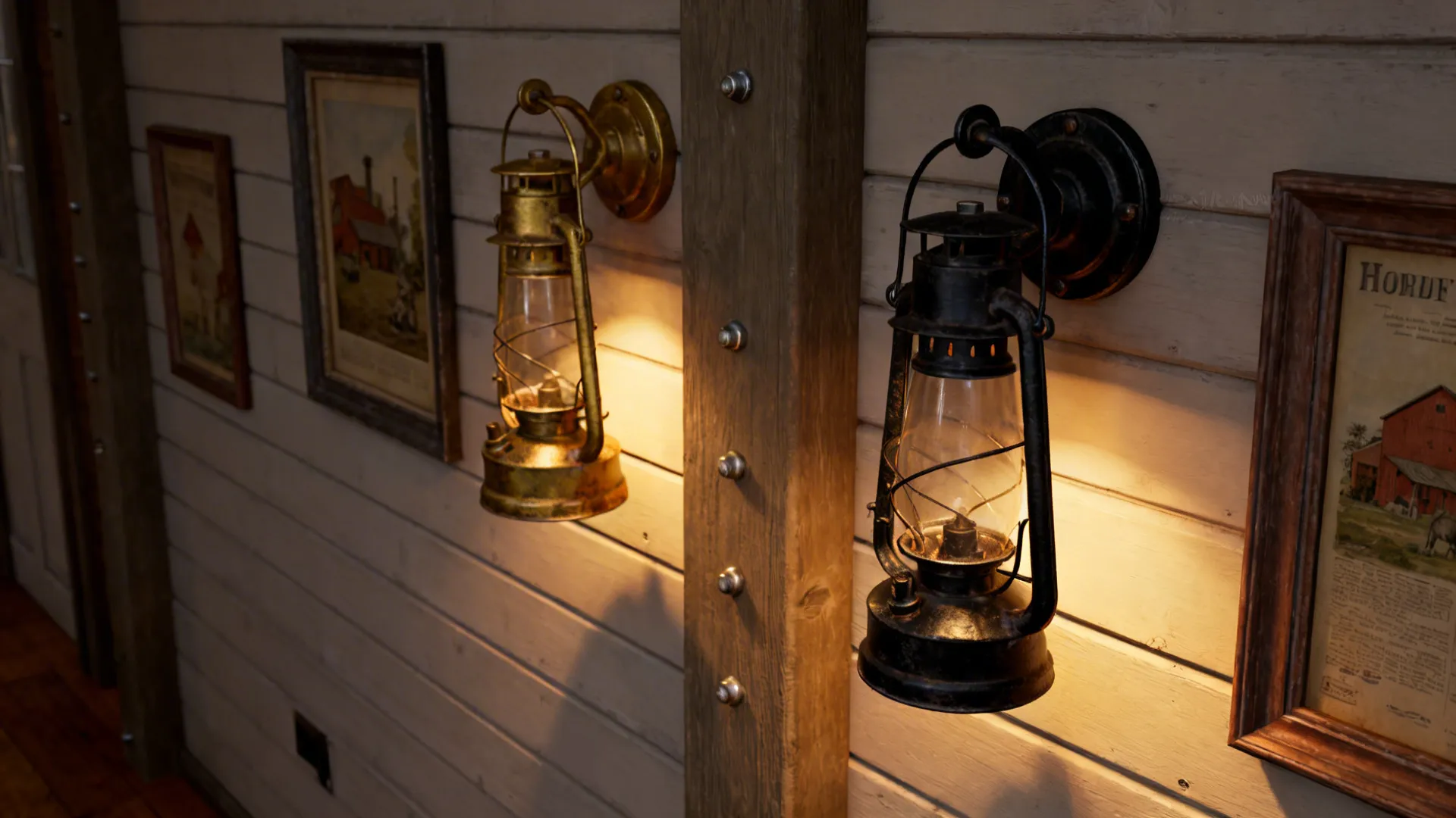 Pair of aged brass and black metal farmhouse wall sconces framing vintage prints on shiplap.