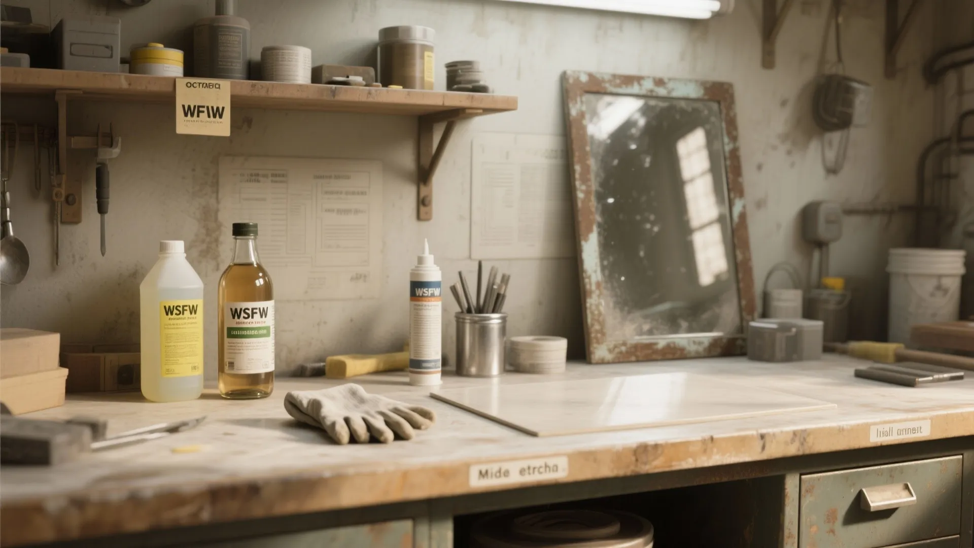 Workshop table with cleaning bottles a work glove and an old mirror against the wall