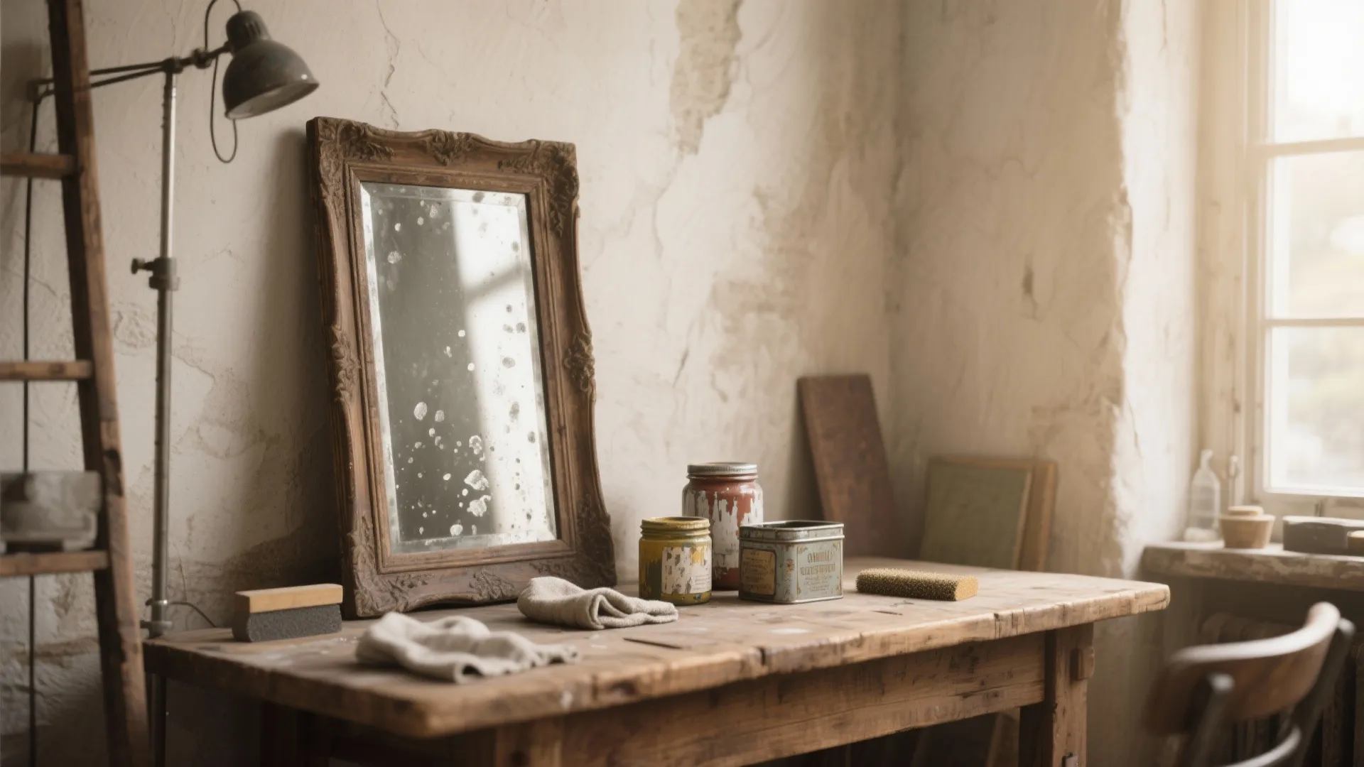 Old mirror in a wood frame on a workbench with paint cans and a lamp