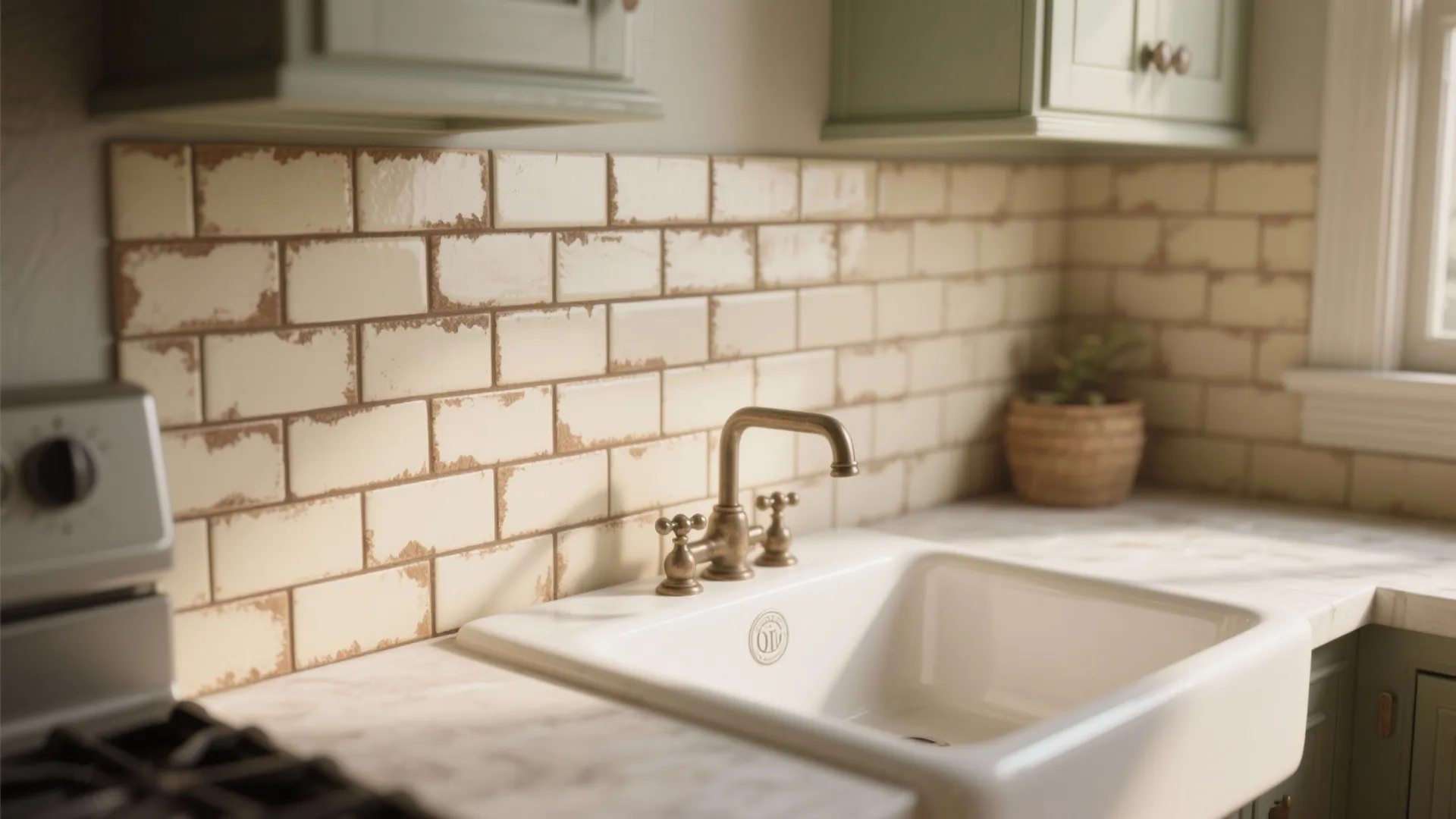 Matte cream subway tile backsplash with warm taupe grout and subtle distressed glaze in a small kitchen.