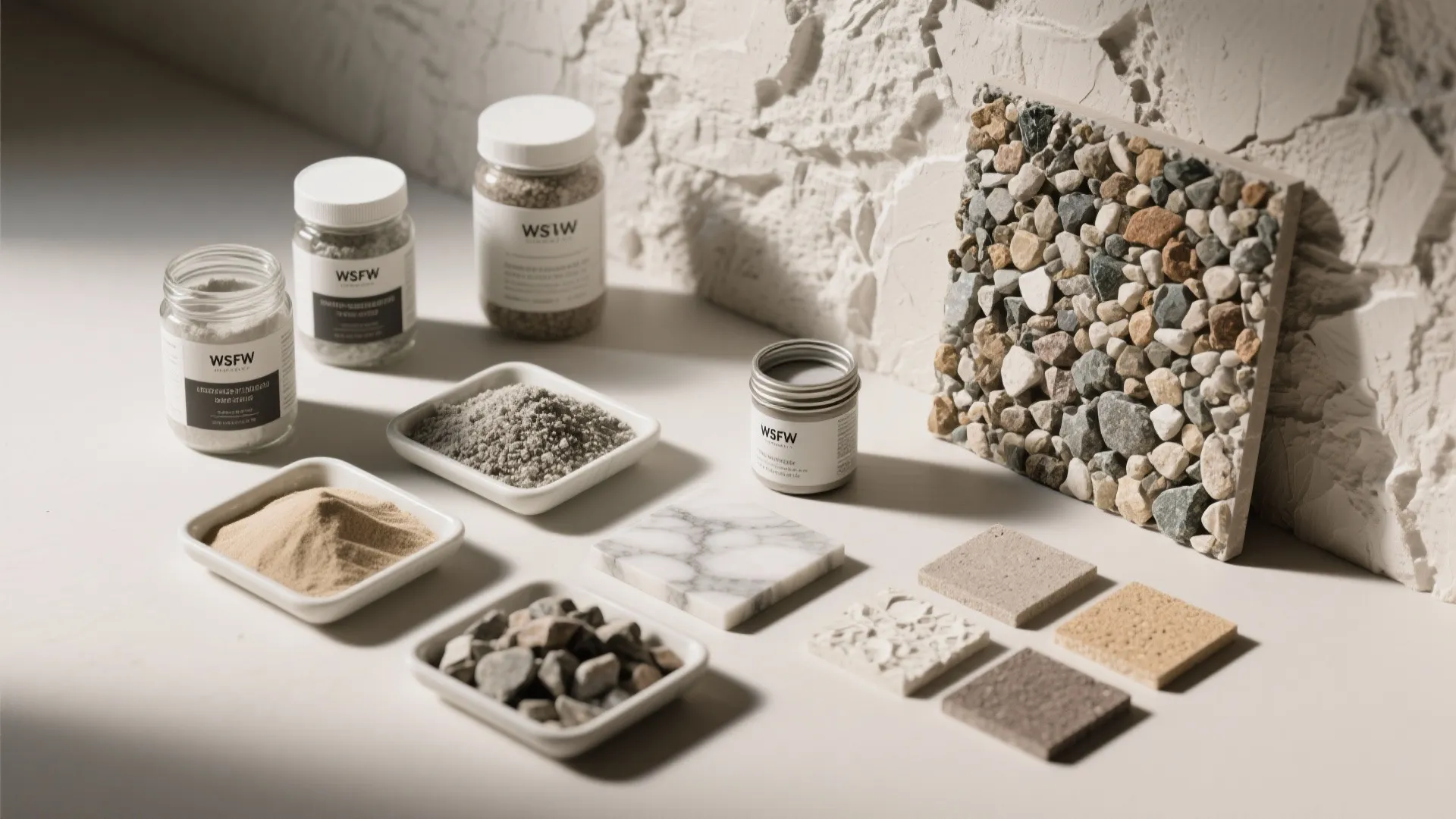 Interior design material samples including jars of sand stone tiles marble and a pebble display