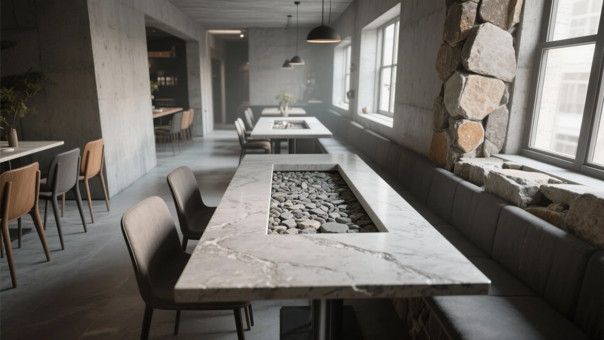 3. Recessed Aggregate Dining Leaf — Lightweight, Textured Drama
