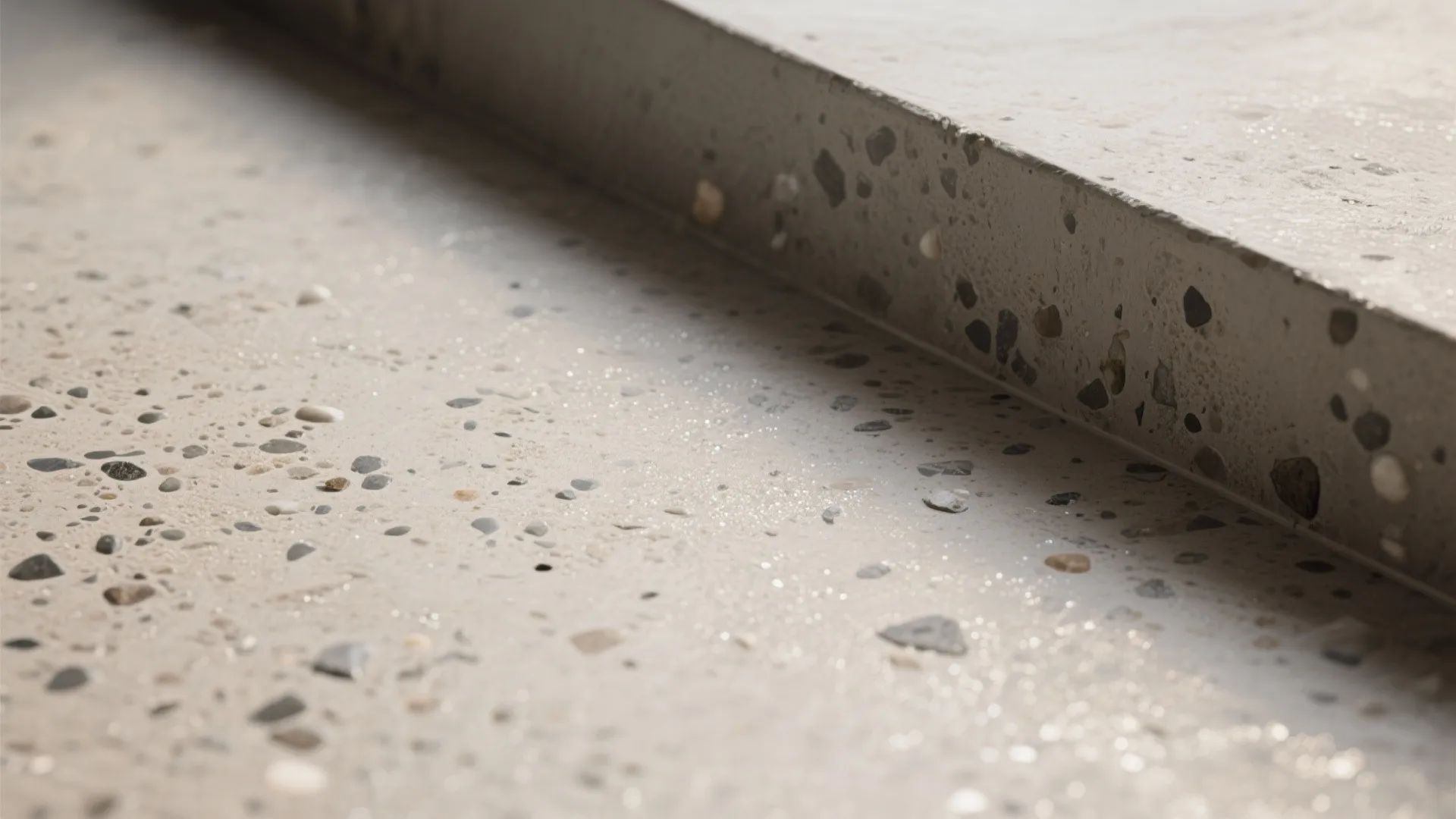Close up view of grey stone floor with small pebbles and smooth surface in sunlight