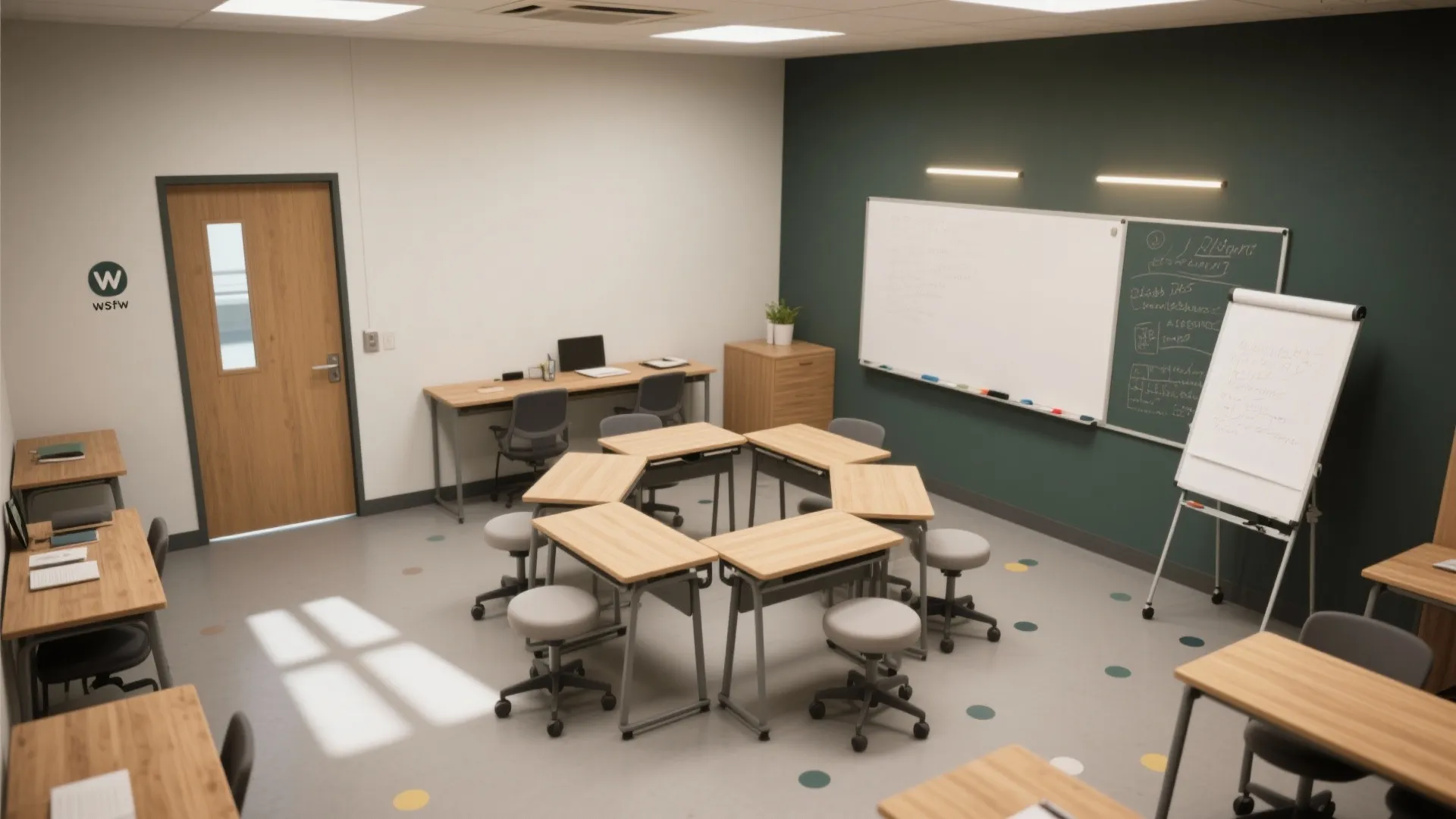 Flexible study room set for teamwork with flip-top tables, mobile whiteboards, and floor home dots.