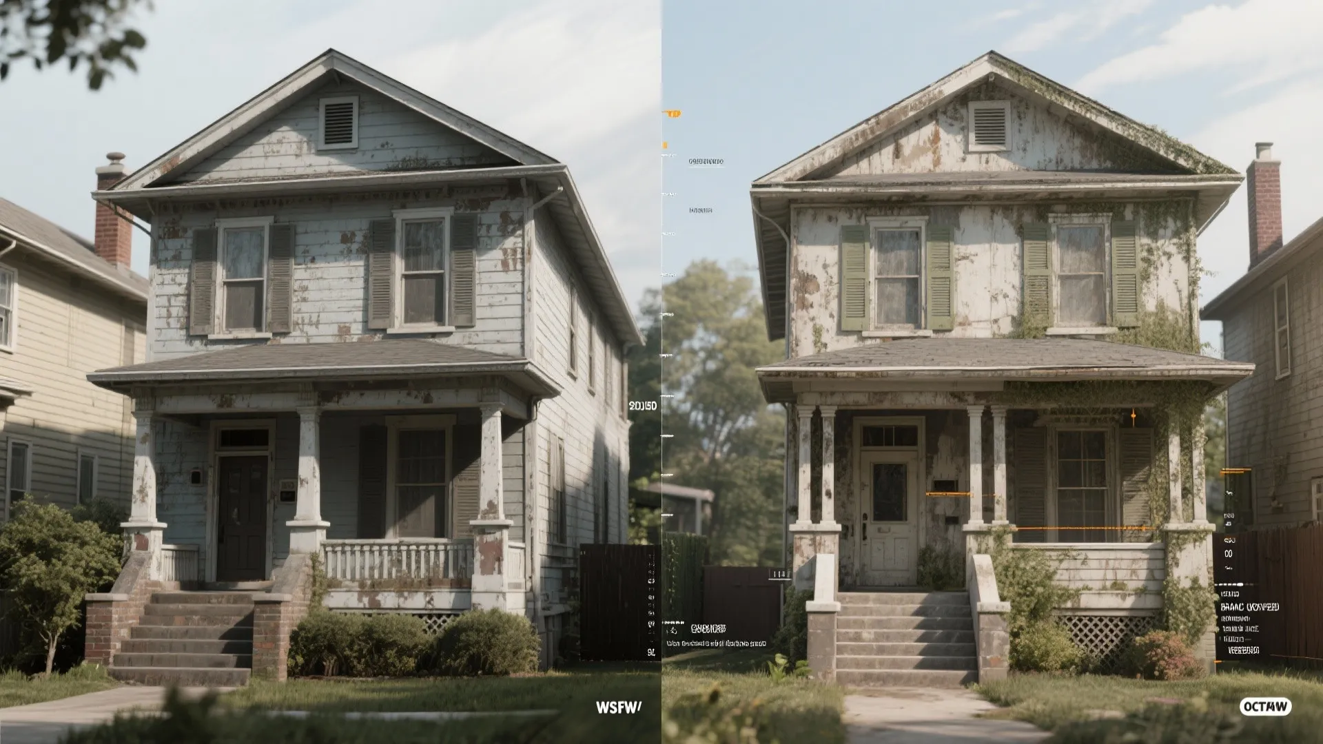 Before and after side comparison of a white wooden house showing simulated aging with peeling paint