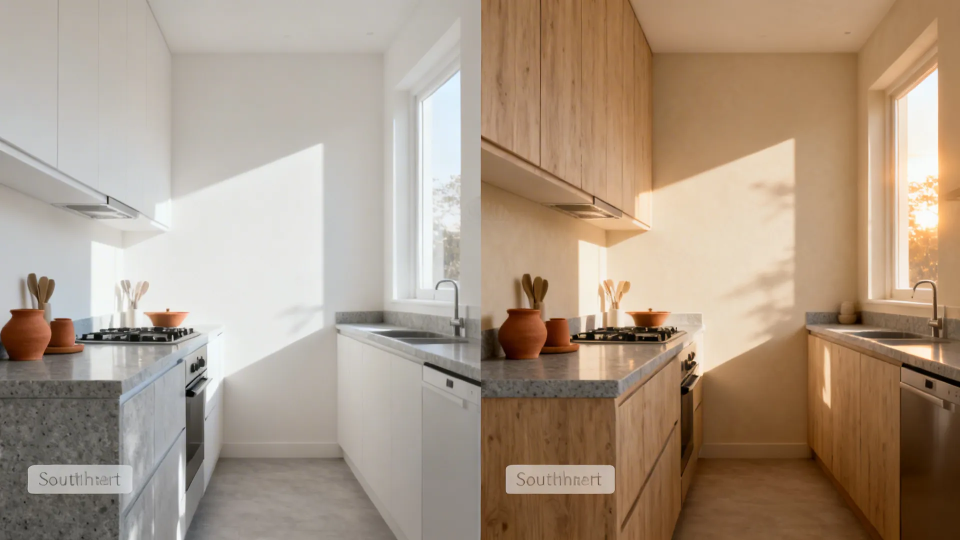 Before-and-after of a small southeast kitchen switching from stark white to warm sand with oak and terracotta.