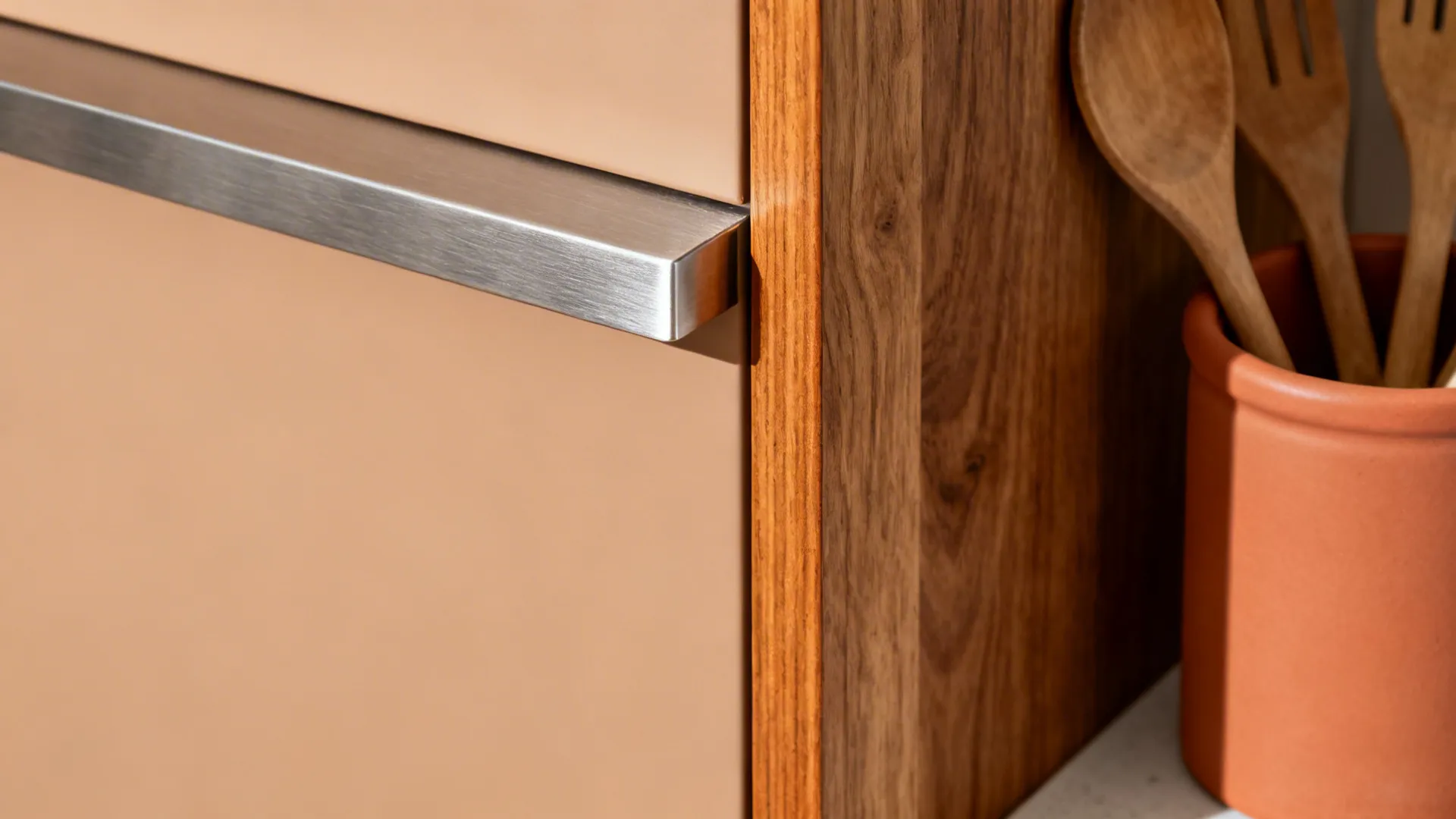 Macro of matte clay-beige cabinet, brushed steel, and warm oak trim with terracotta accessory.