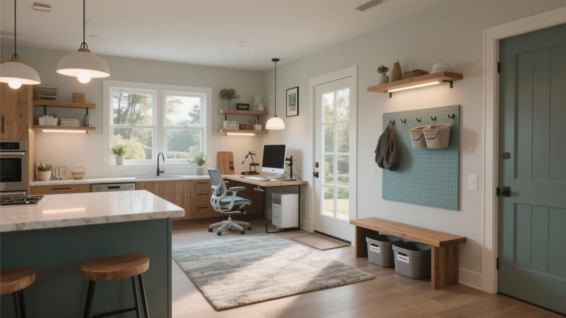 Modern open plan kitchen and home office with wooden desk, blue chair, and wall organizer