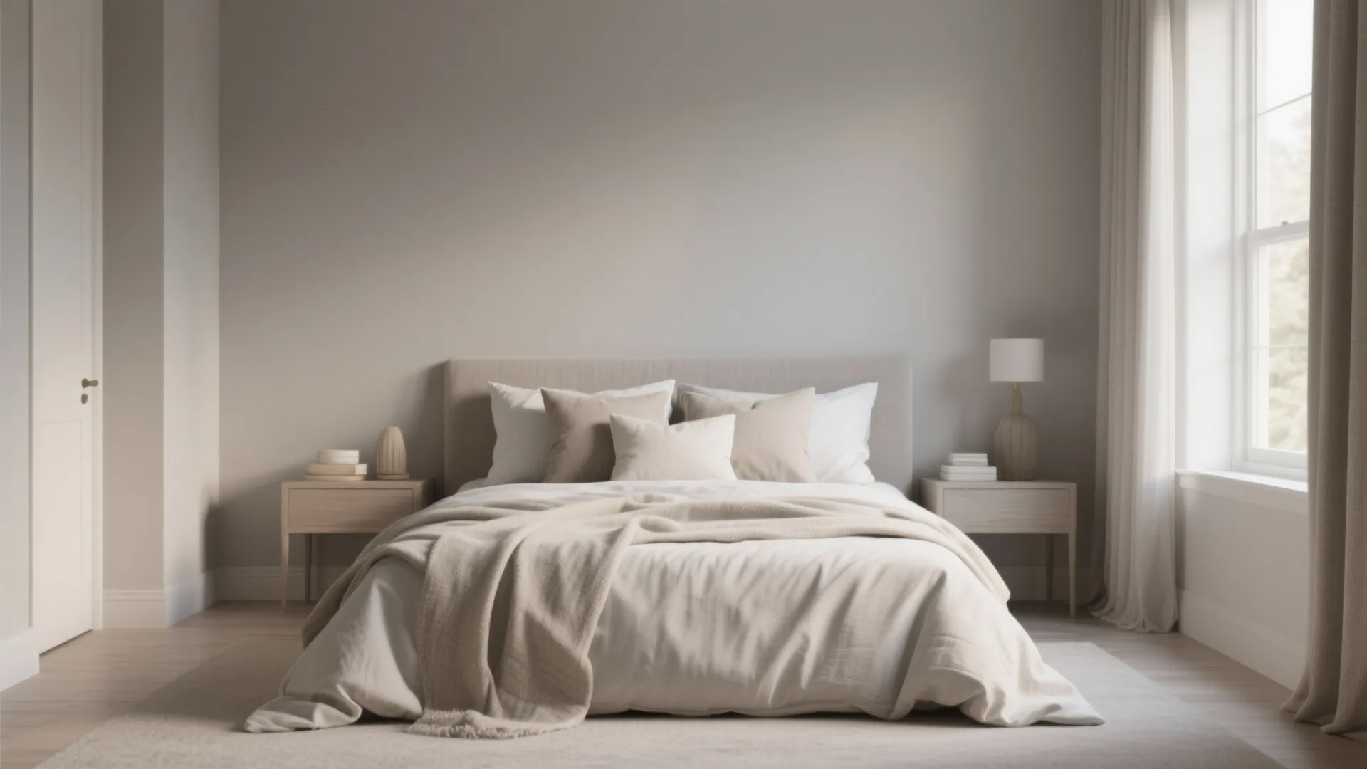 Modern bedroom with light gray walls, cozy bed, wooden bedside tables, and bright natural light
