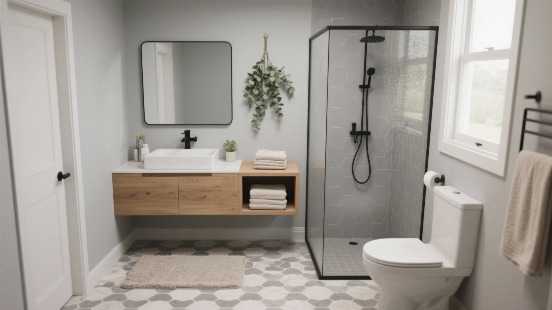 Small bathroom layout with glass shower door white toilet wooden cabinet mirror and grey tiled floor