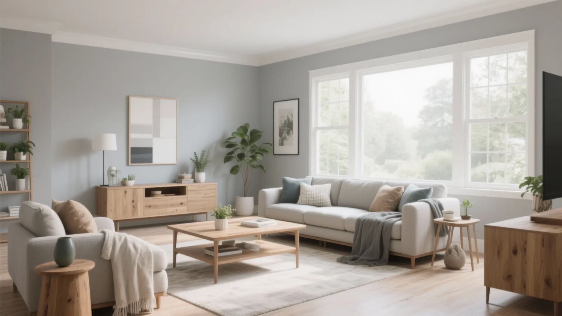 Modern bright living room with light grey walls wooden coffee table white sofa and large windows