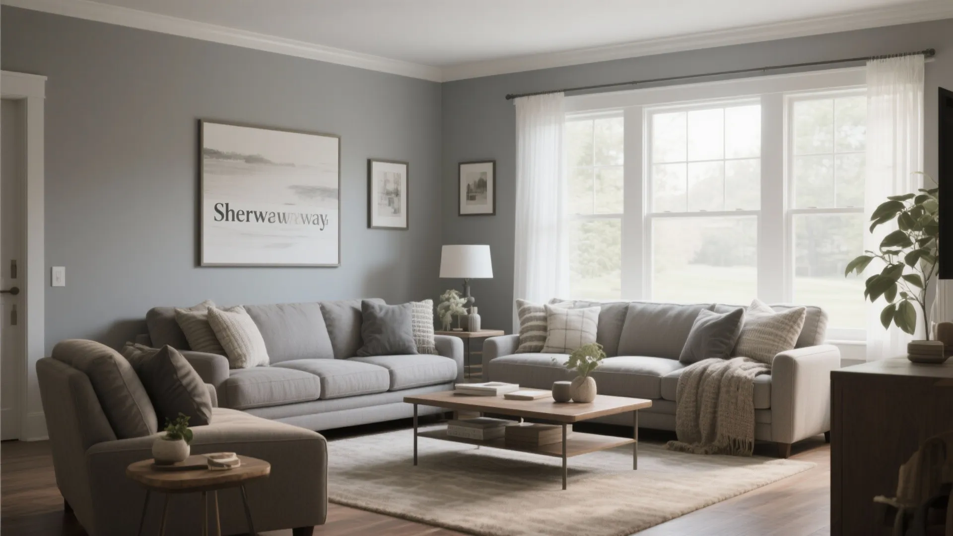 Modern living room with grey sofas wooden coffee table large windows white curtains and grey walls