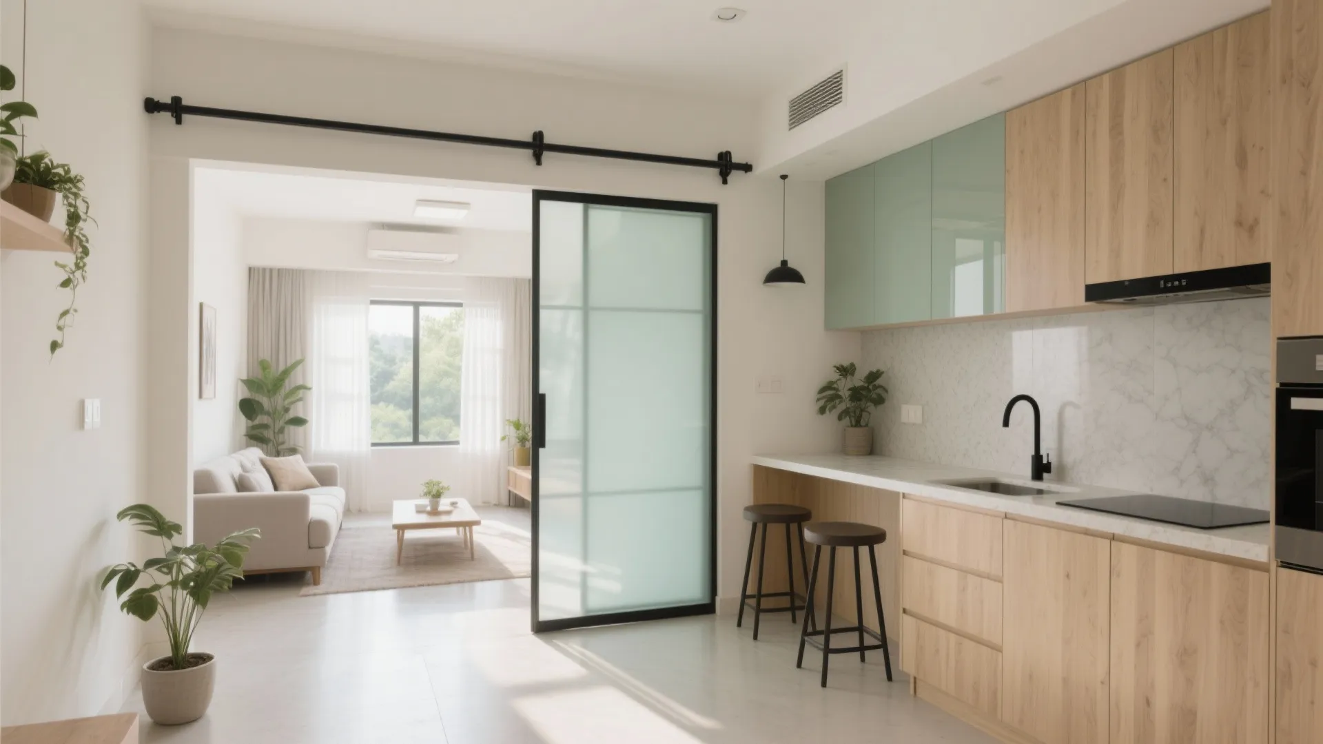Modern kitchen with wood cabinets green accents sliding glass door and distant living room area