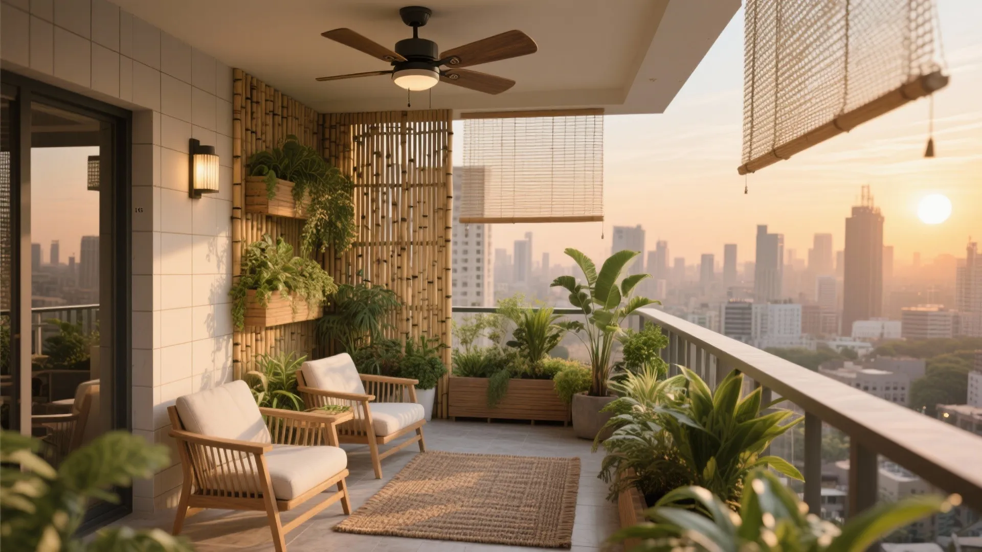 Cozy apartment balcony with wooden chairs green plants bamboo wall panels and city view at sunset
