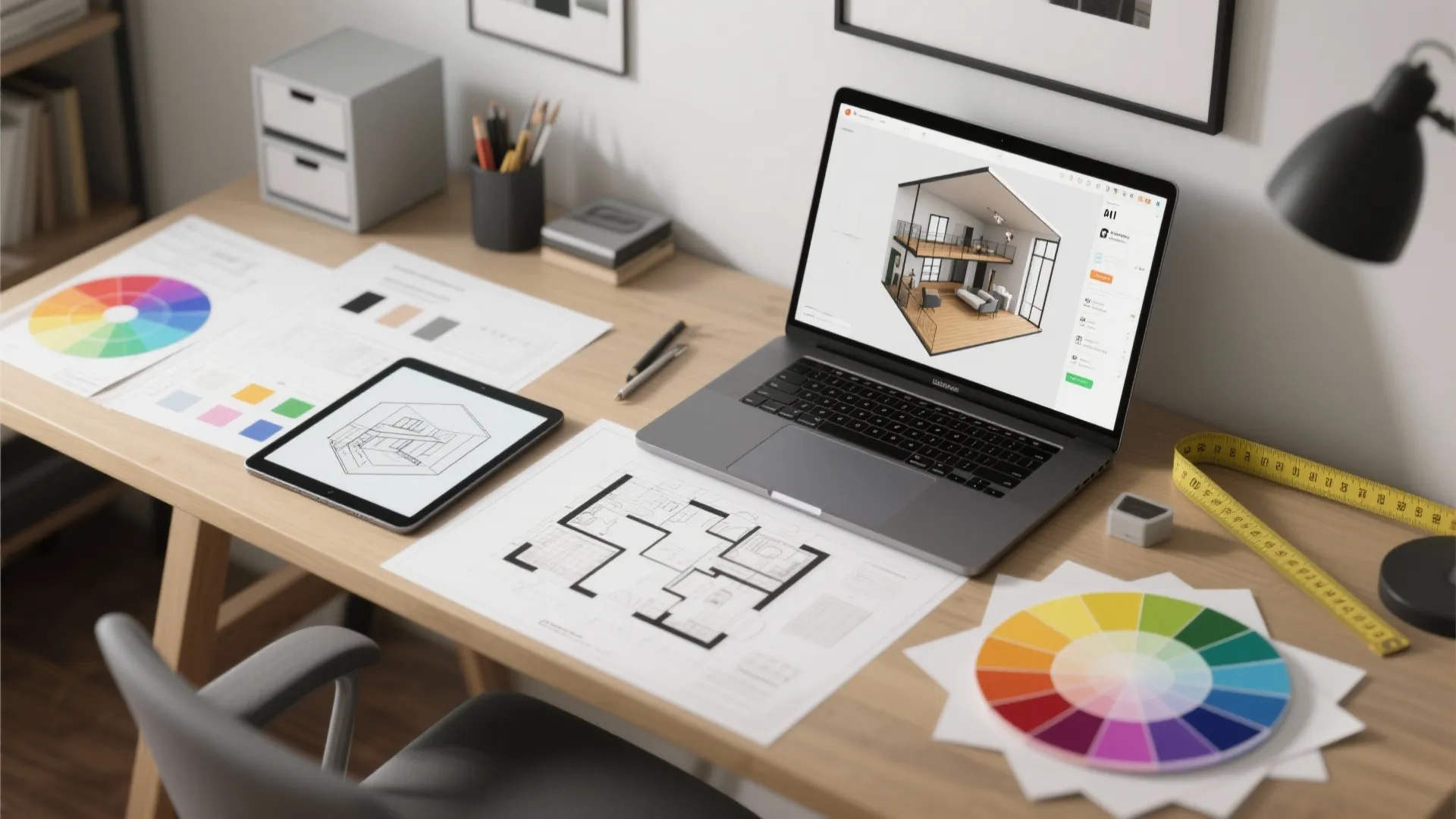 Top-down view of a laptop and tablet showing 3D loft mockups, floor plans and swatches.