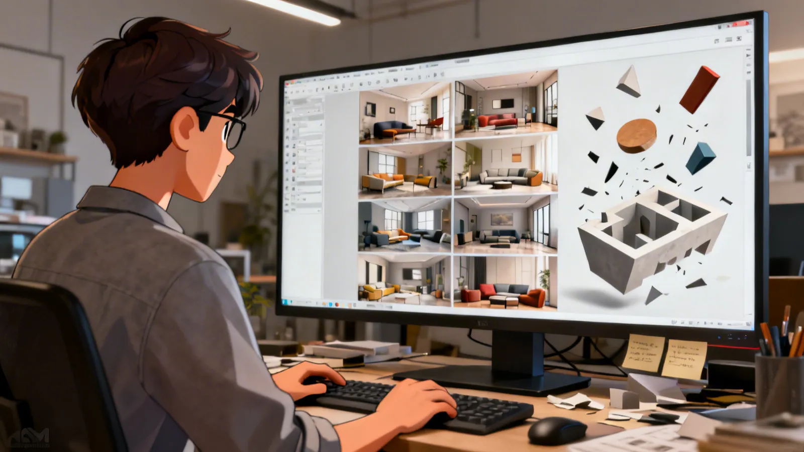 Concepto de diseño interior generado digitalmente en una pantalla
