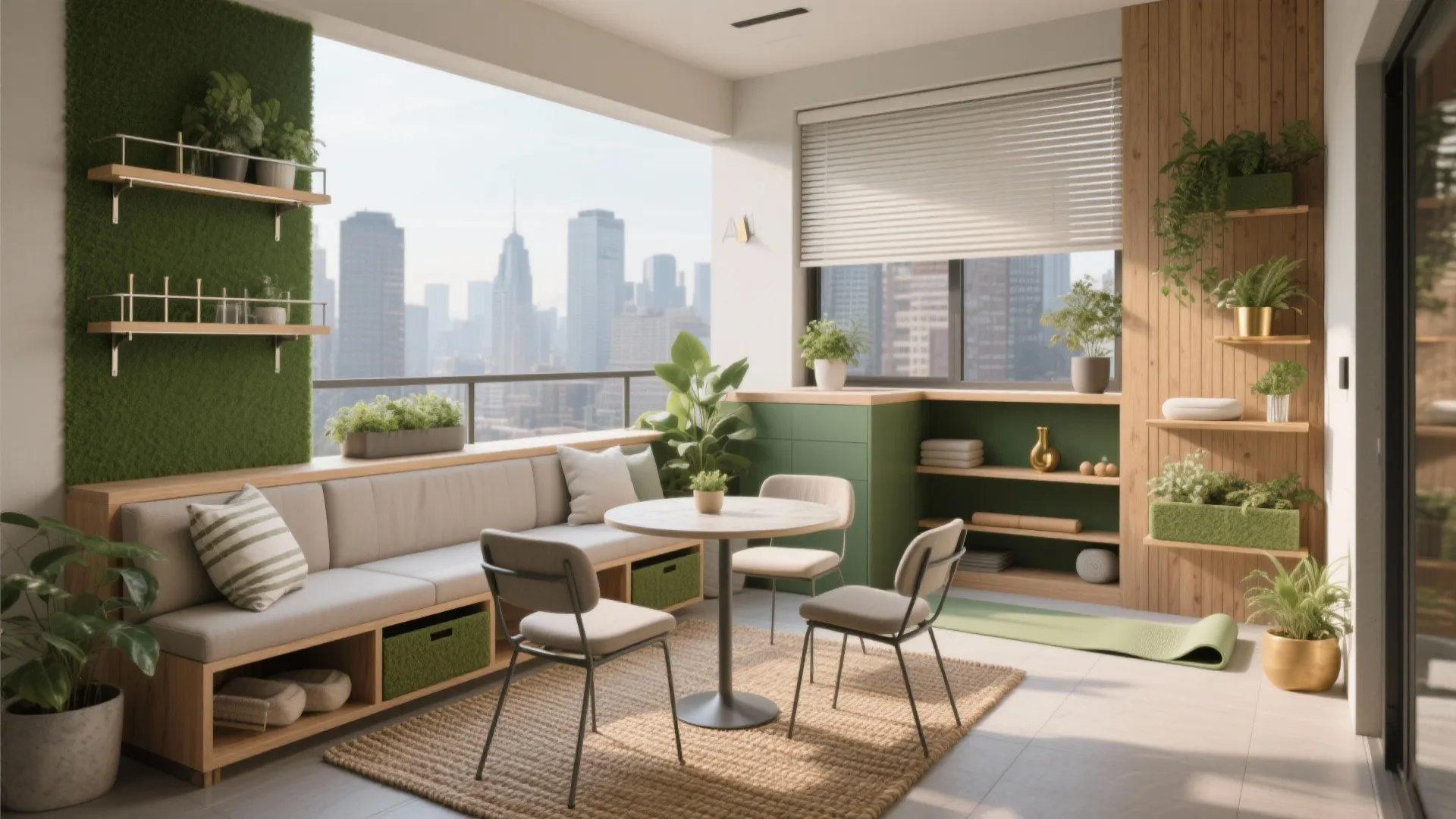 Modern balcony with green wall panels wood shelves long bench small table and city view windows