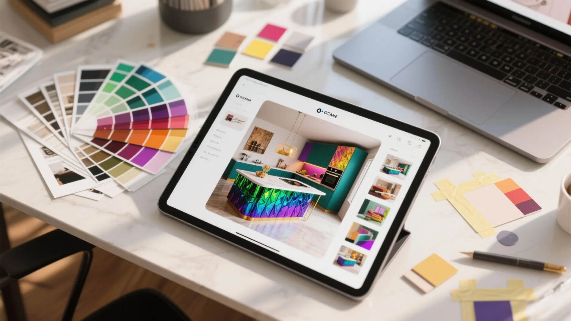 [
  {
    "url": "https://coohom-biz-sg-s3.coohom.com/ins/static/article/ai-color-mockup-1761194795911457400.jpg",
    "alt": "Interior design drawing on tablet screen surrounded by color swatches and laptop on white desk"
  }
]