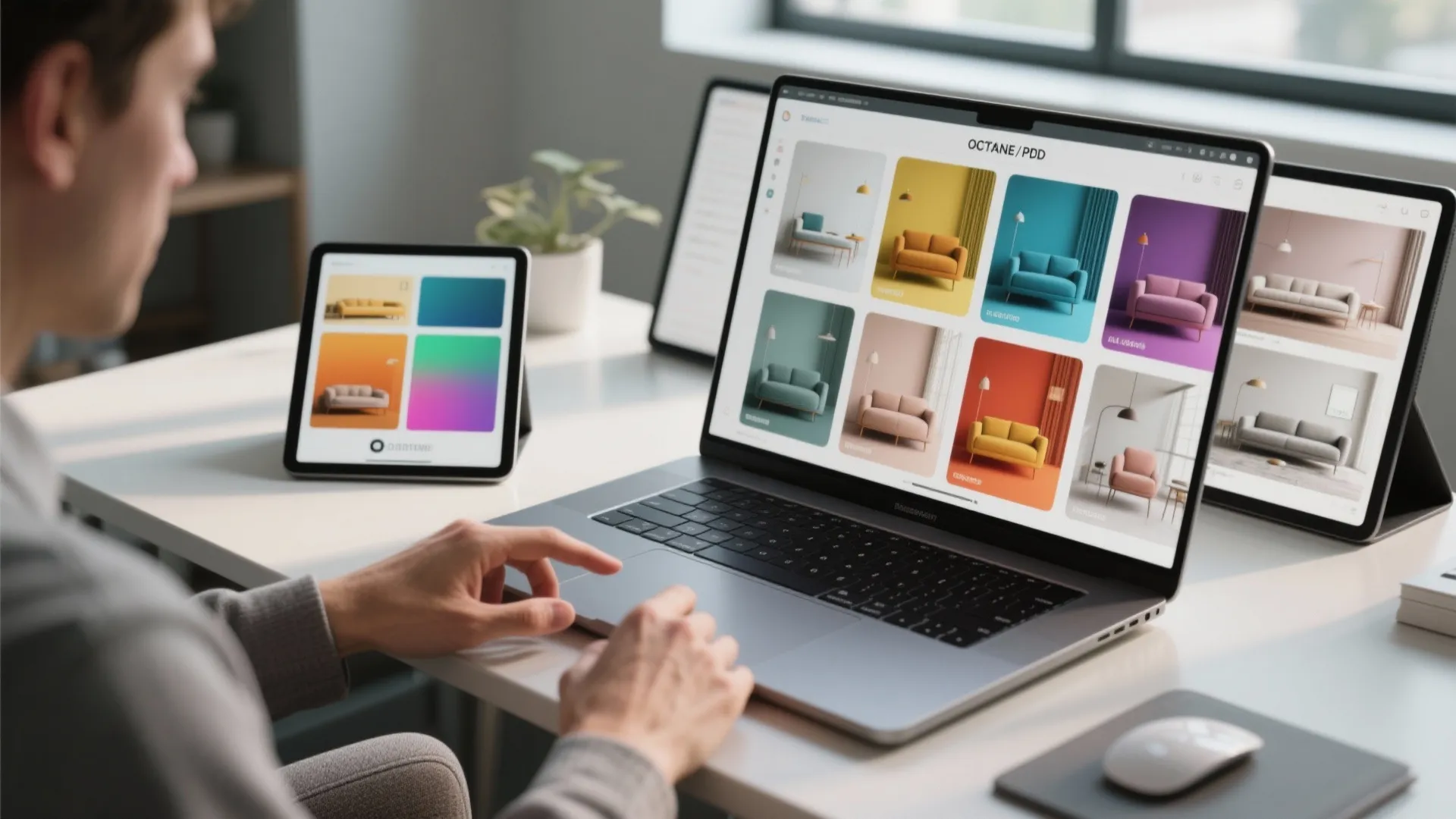 Person using laptop to view different sofa color options on several digital screens on white desk