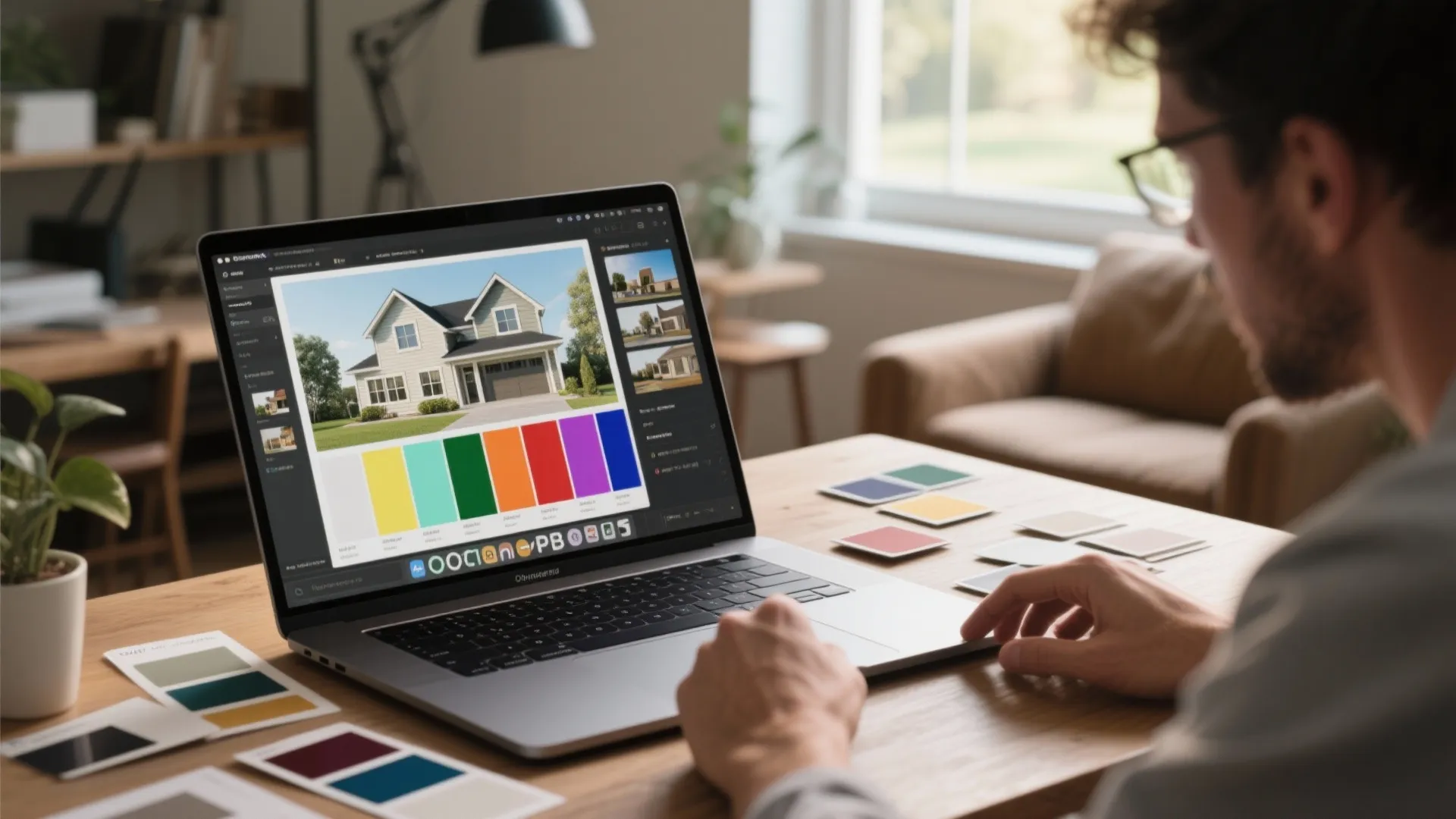 Interior designer using laptop software to choose house colors with physical color swatches on table