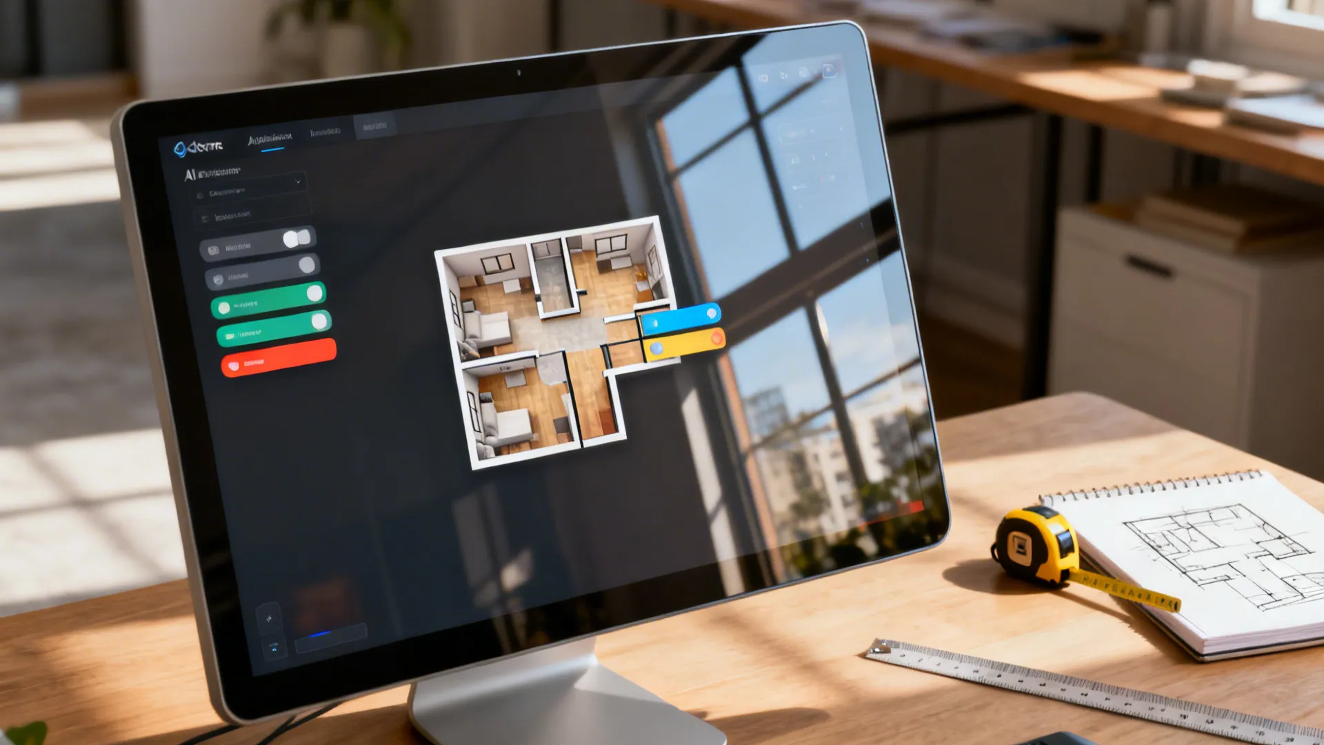 Computer screen showing an AI-assisted floor planner with divider options and small apartment layout.