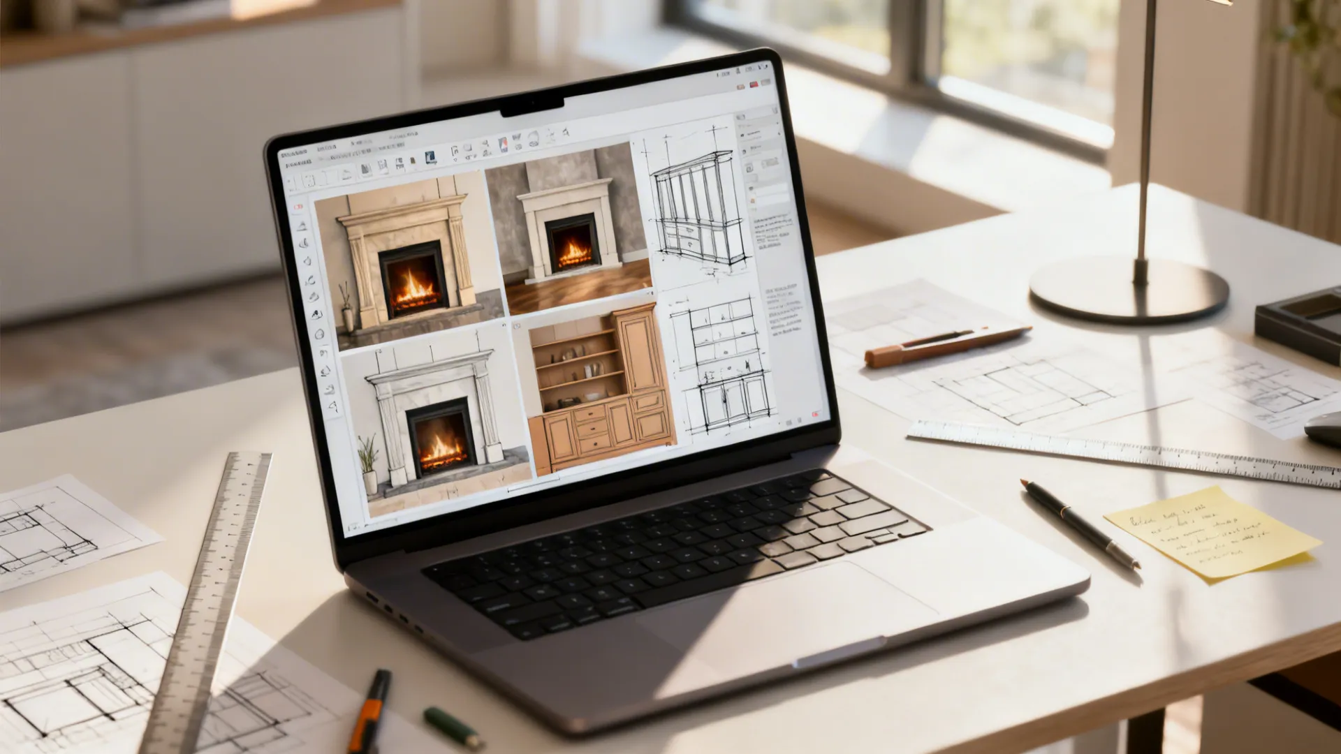 Designer workspace with a laptop showing AI-assisted fireplace layout options and sketches.