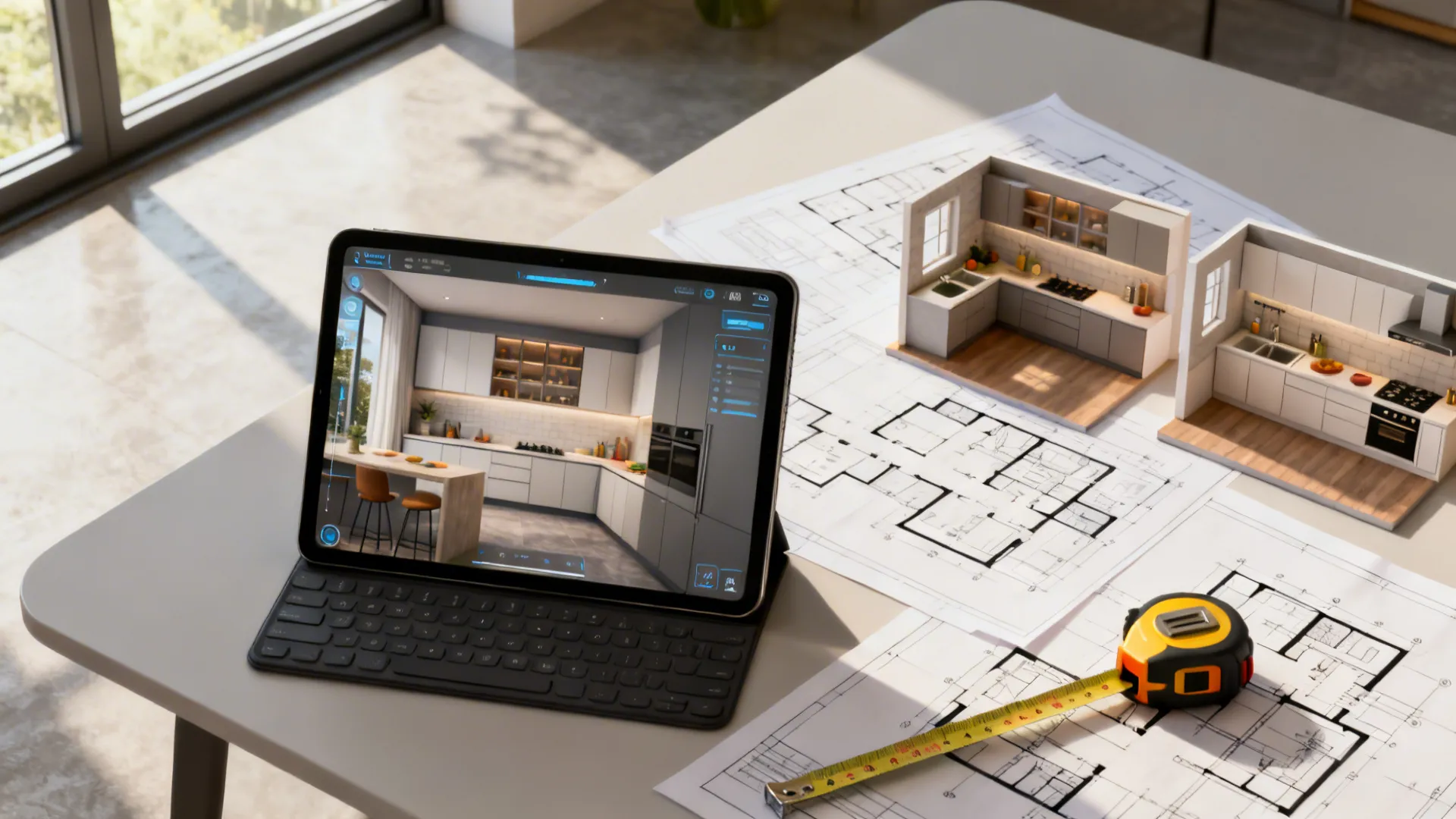 Top-down view of AI-assisted kitchen 3D planning on a tablet with plans and measuring tools