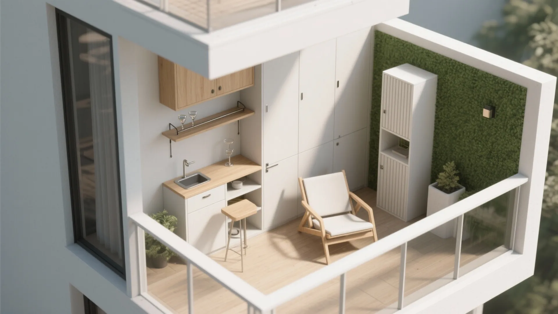 Small balcony interior design drawing with white cabinets wooden counter chair and green grass wall