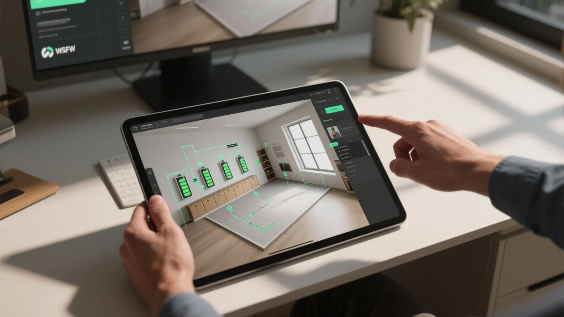 Top-down view of an AI-assisted design mockup on a tablet and monitor showing battery placement overlays in a 3D floor plan.