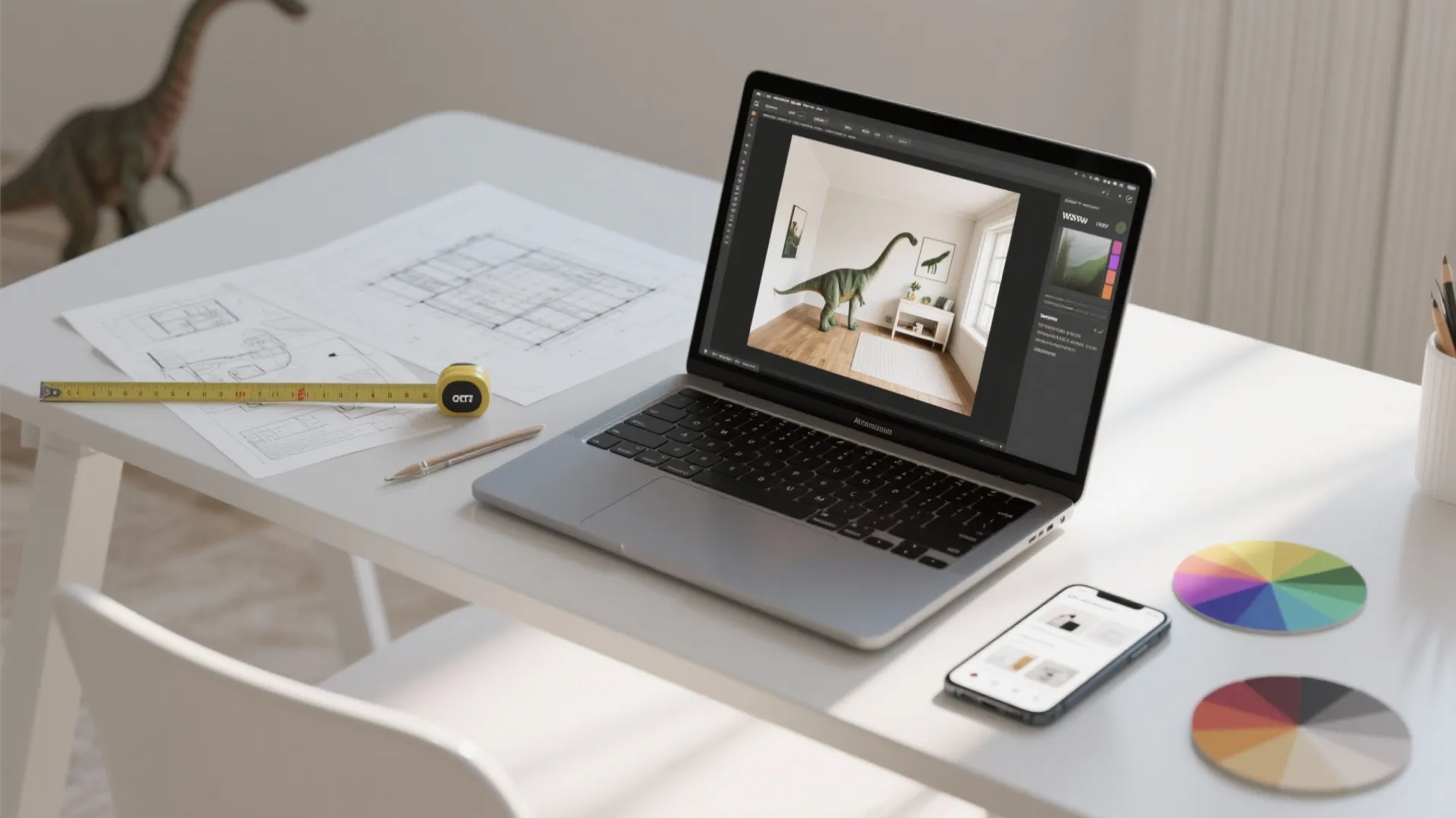 Laptop on white desk showing interior design drawing software next to floor plans and phone