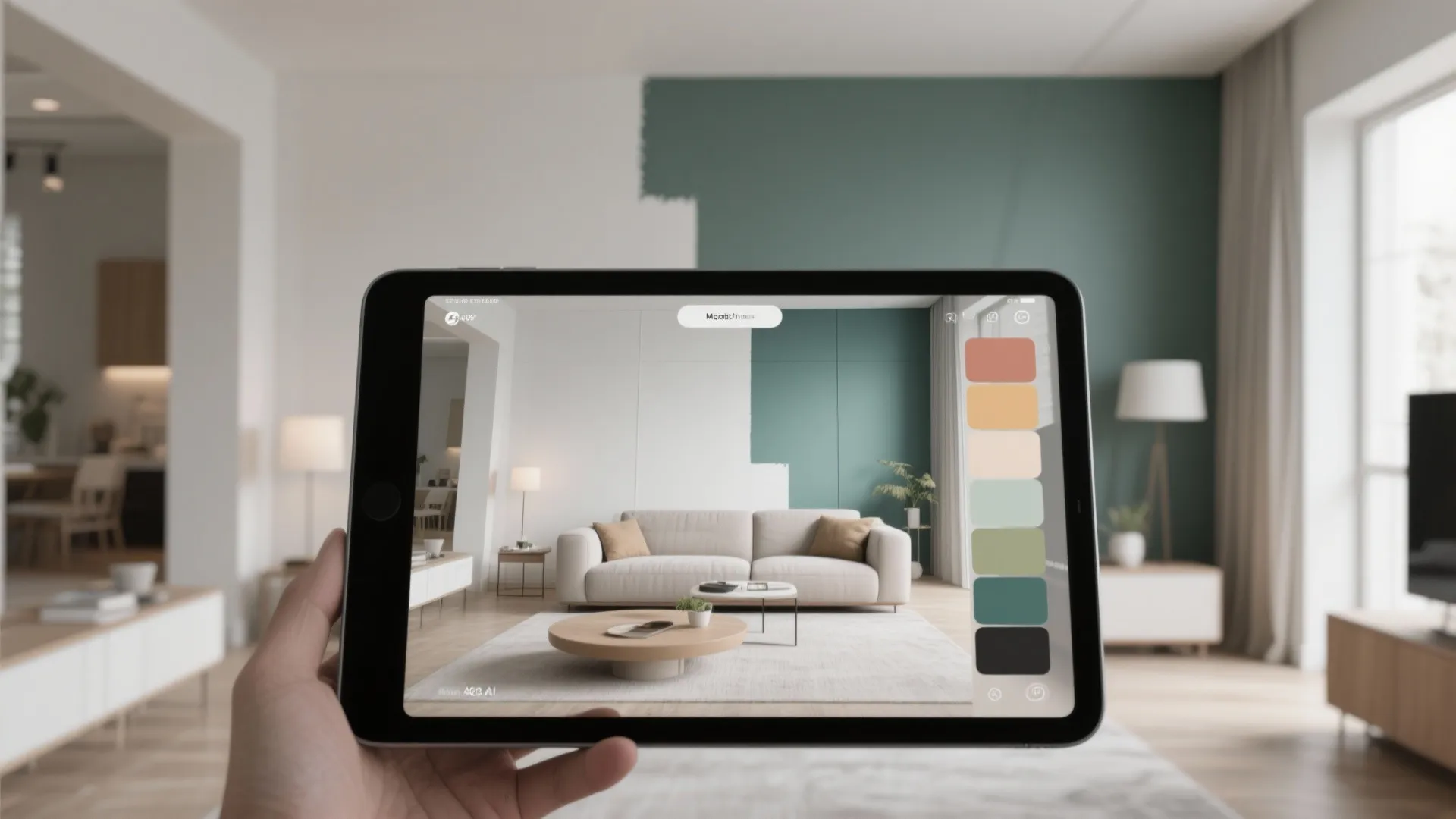Tablet showing AR wall color mockups overlaying a real living room for quick comparisons.