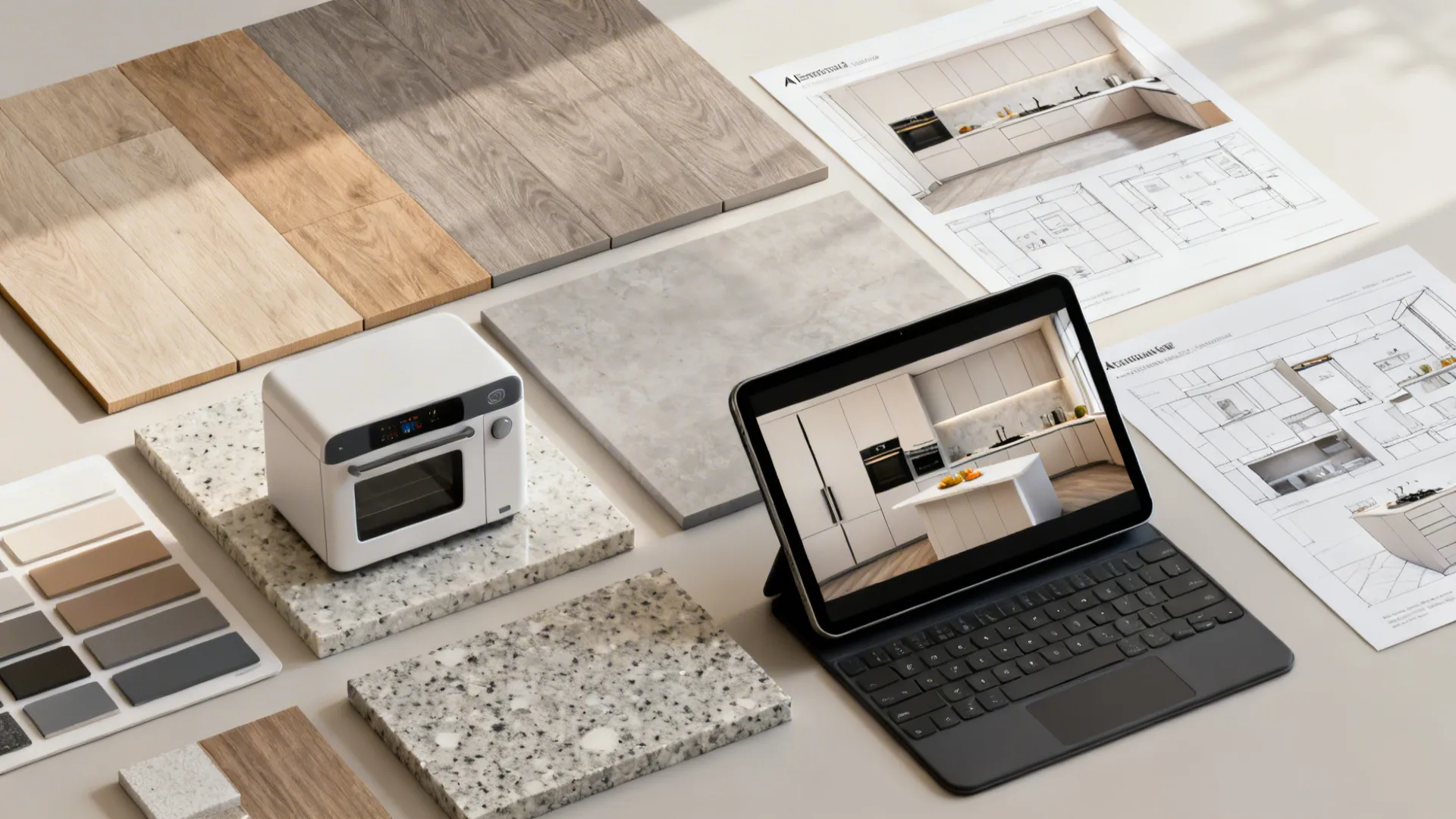 Flatlay of modular kitchen samples, flooring swatches, countertop chip, and tablet with AI layout render.