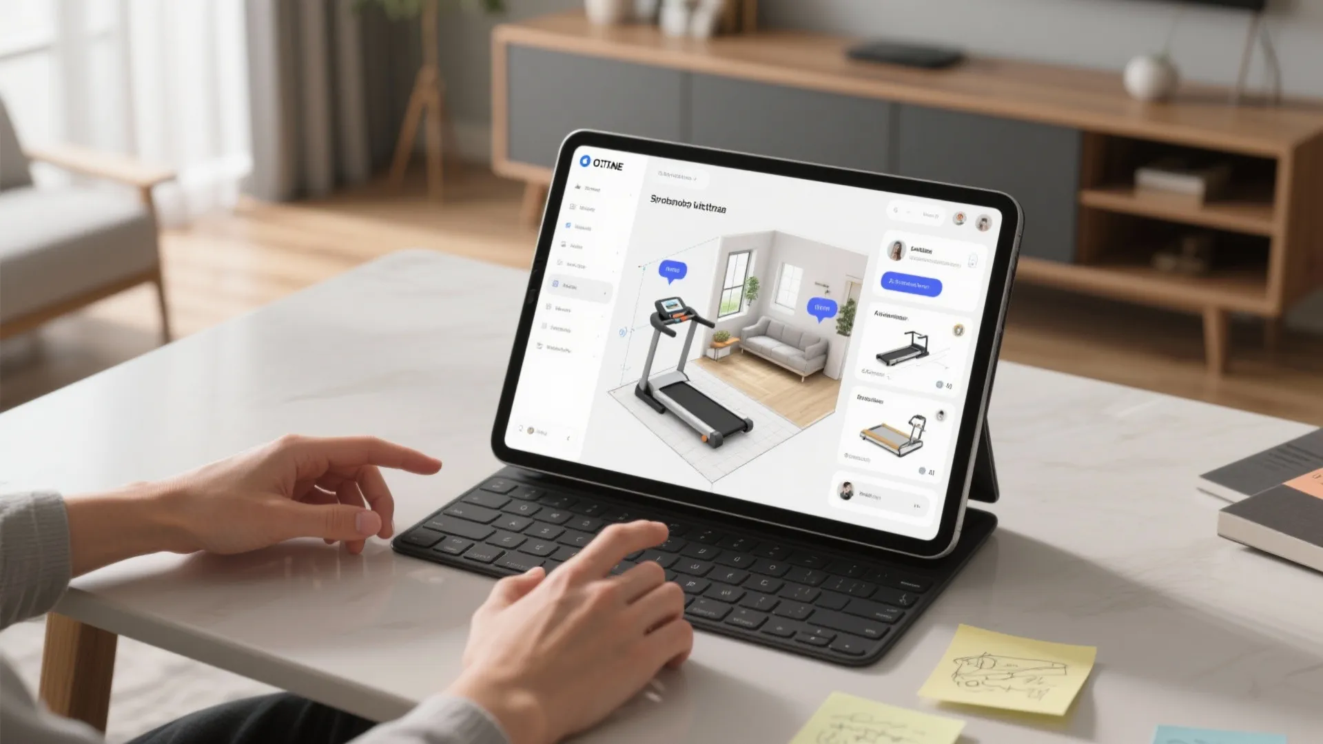 Interior design drawing on tablet showing a treadmill placed in a modern living room layout