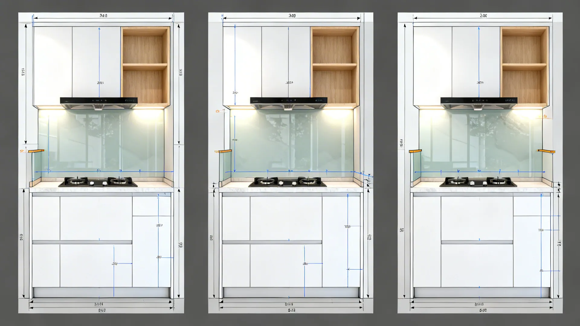 Top-down board comparing three micro-kitchen layout options with clearances and zones.