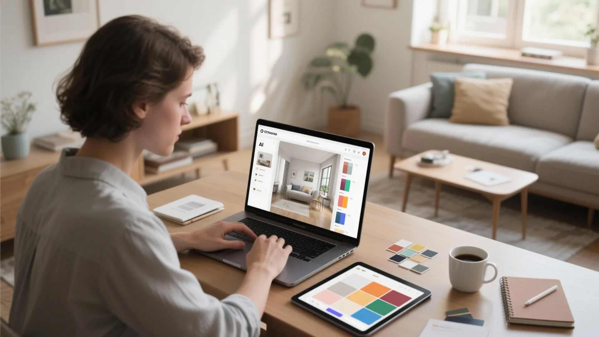 Interior designer using laptop and tablet to create room layout with colorful design software tools