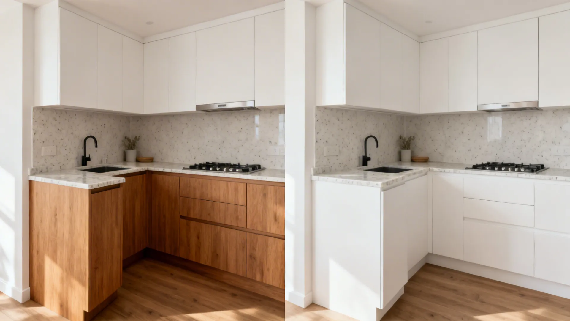 Split view of a small kitchen: warm oak lowers with white uppers versus an all-white scheme.