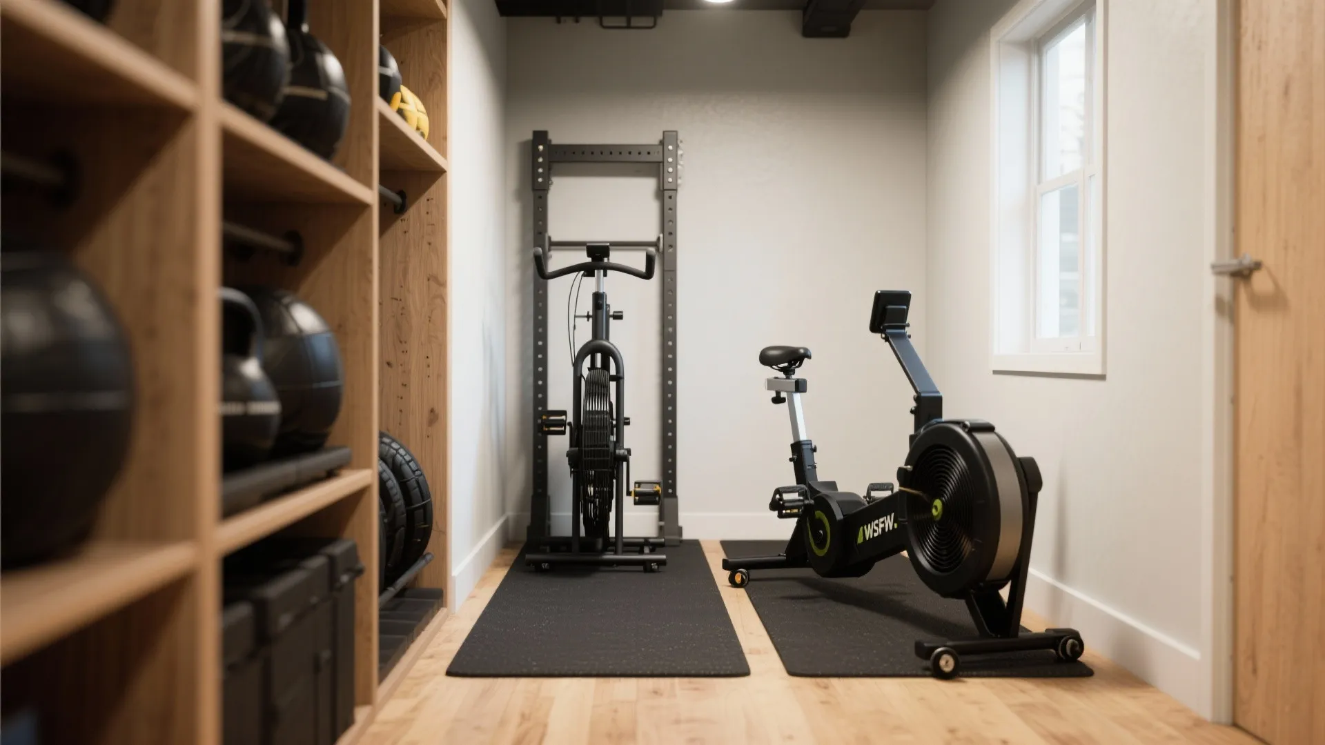 Air bike and rower stored upright in a narrow apartment nook with protective mat and wheels for mobility.