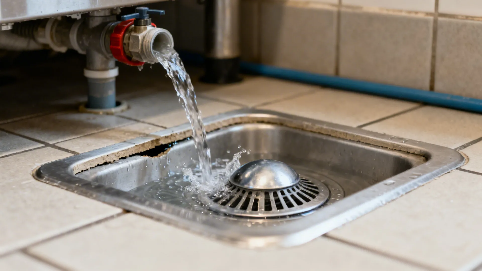 Close-up of a drain line with a visible air gap into a floor sink with a dome strainer in a clean kitchen floor.
