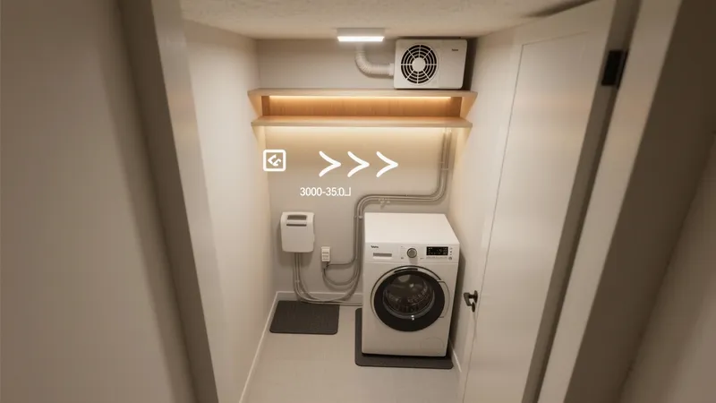 Compact Laundry Room with Smart Storage & Warm Lighting