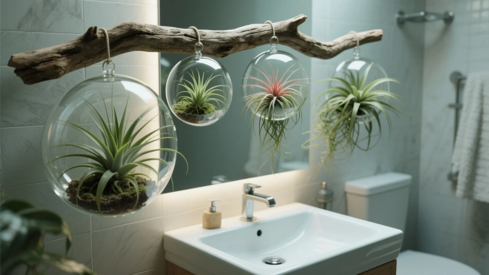Tillandsia air plants in glass orbs and on driftwood over a small bathroom sink.